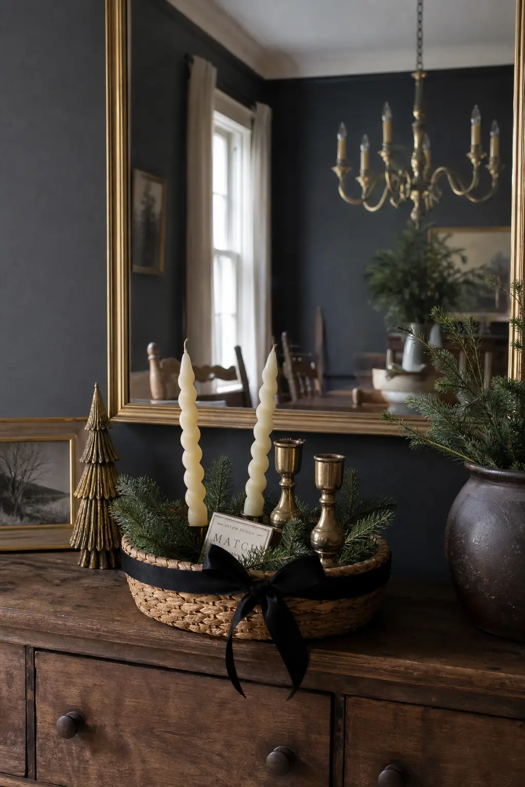 Winter Basket Around a Pair of Dipped Candles