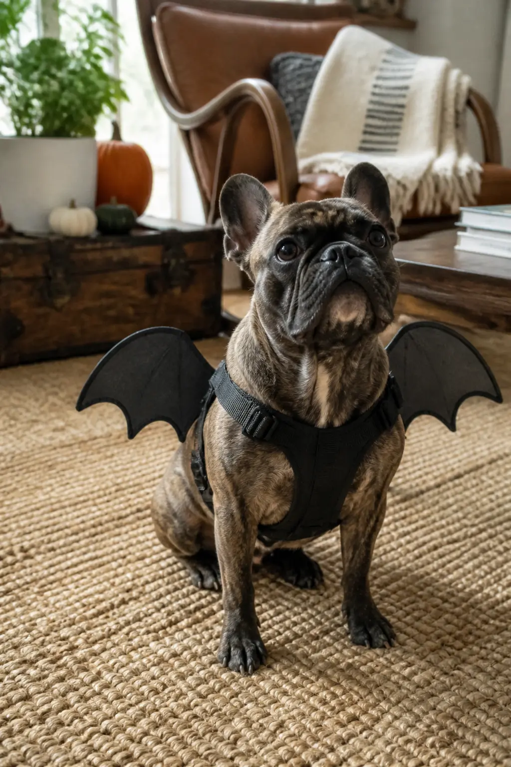 Bat Wings on a Harness — Cut two bat-wing shapes from black craft foam, roughly palm-sized for a small dog and dinner-plate-sized for a medium one. Diy dog