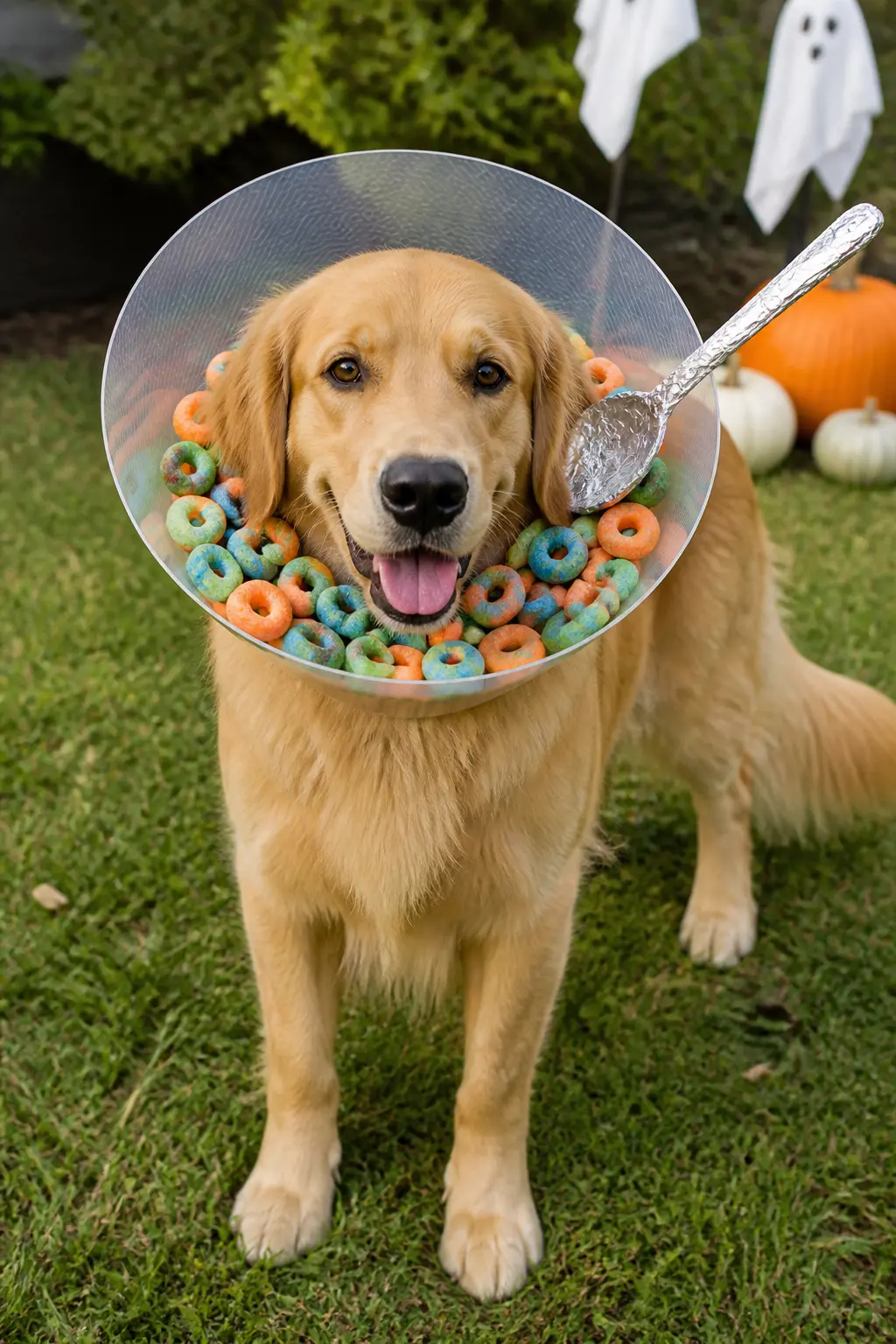 Cereal Bowl Collar — A clear plastic e-collar is already translucent, which reads as a bowl without any painting. Diy dog halloween costumes