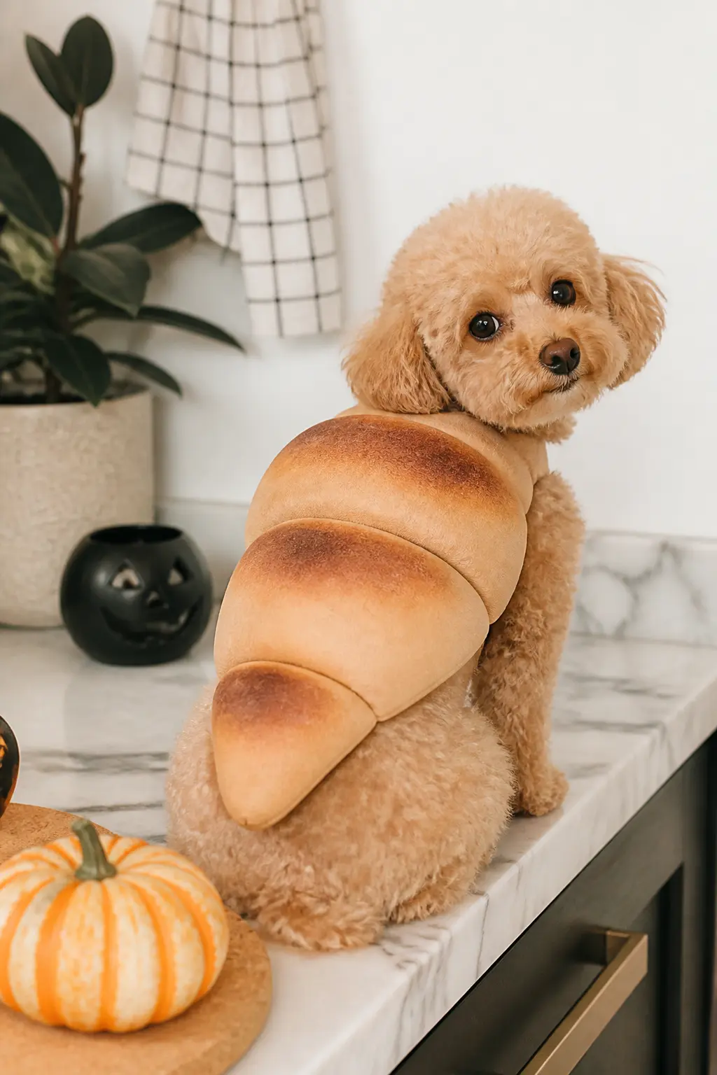 Croissant — Cut a long curved crescent shape from tan felt, stuff it lightly with fiberfill to give it volume, and close the edges with a whipstitch or a line