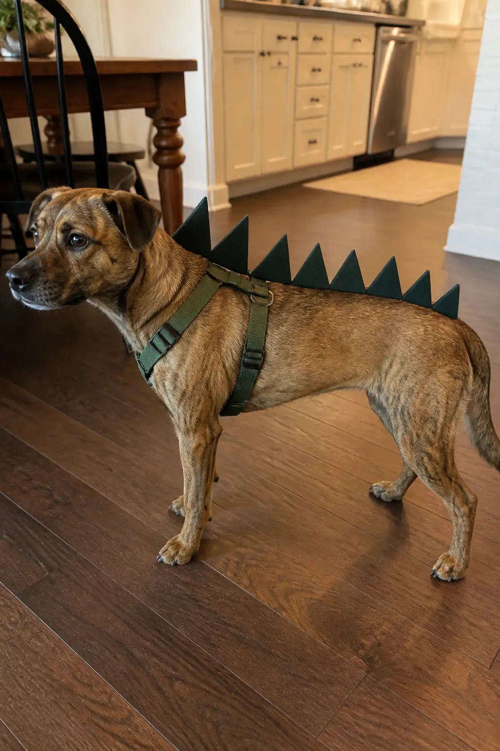 Dragon Spine Ridge — Cut a row of graduated triangles from forest-green craft foam, largest at the shoulder and tapering down to the tail. Diy dog halloween