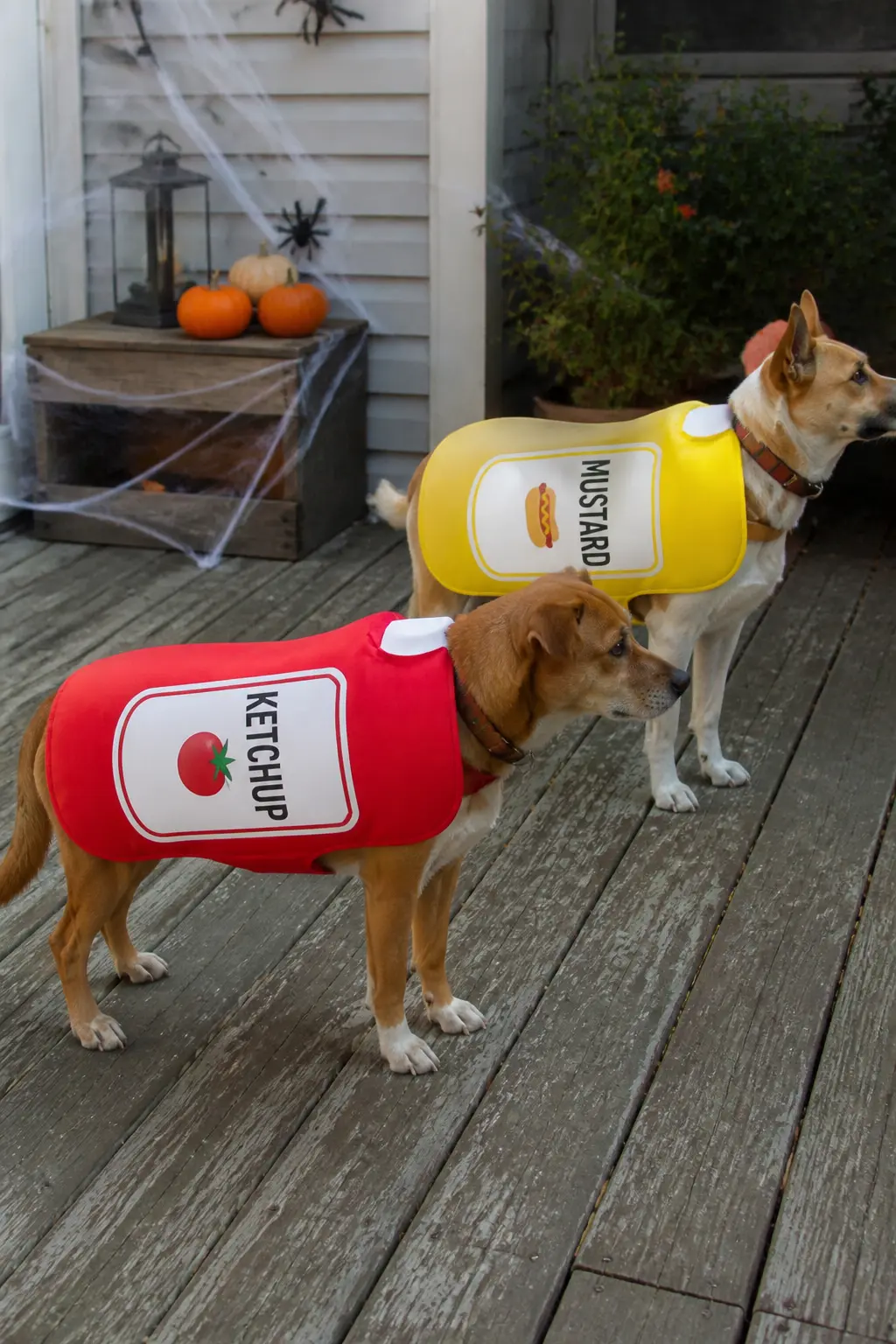 Ketchup and Mustard — Cut a large bottle silhouette from red craft foam for one dog and yellow for the other. Diy dog halloween costumes