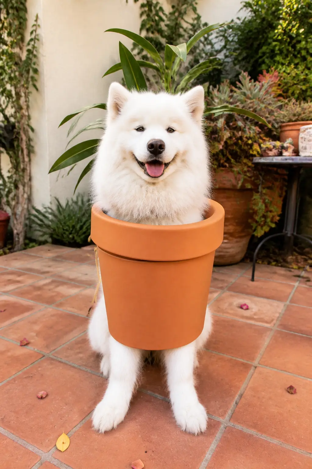 Plant in a Pot — Cut a terra-cotta pot silhouette from orange-brown craft foam, large enough to cover the dog's lower half when viewed from the front. Diy dog