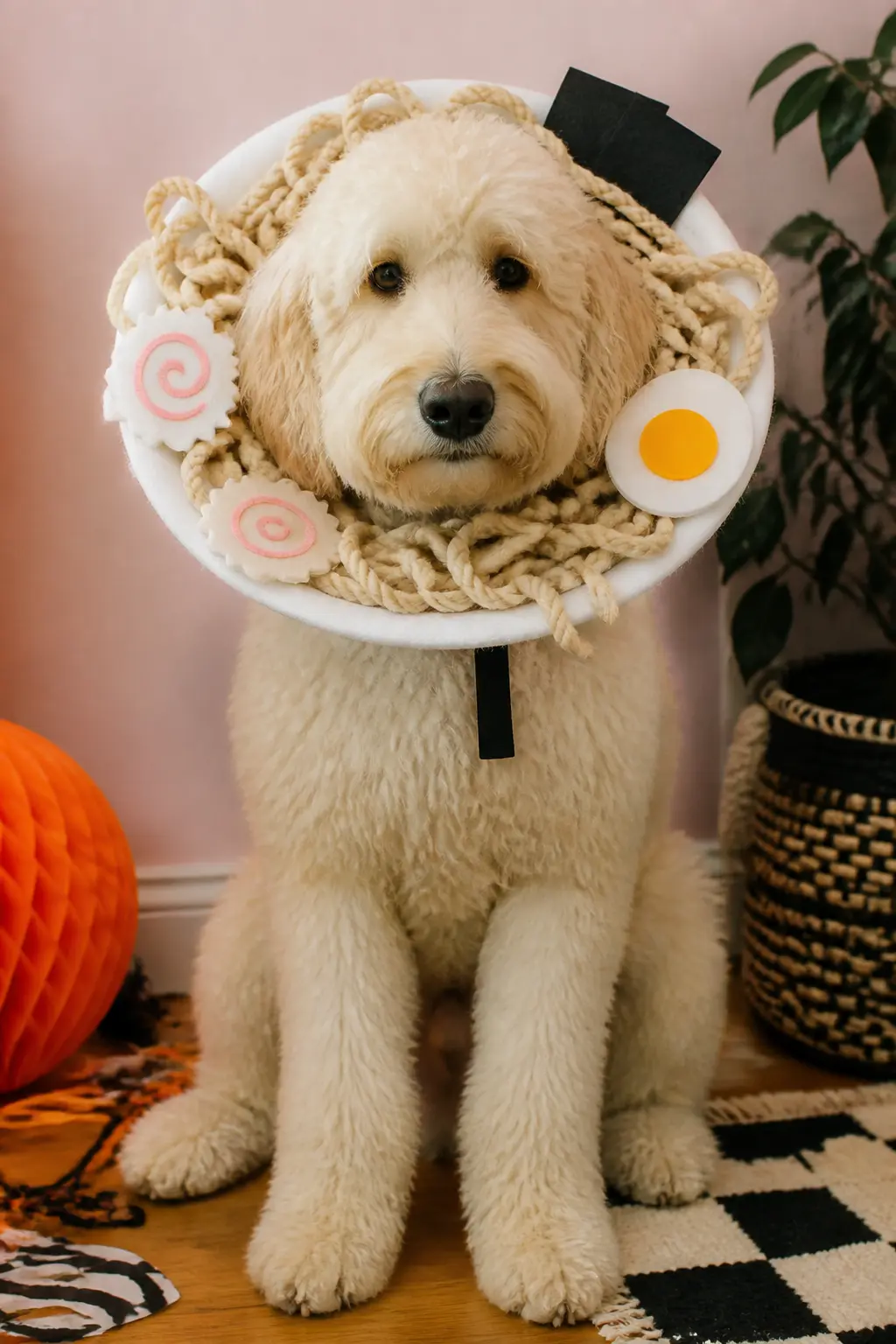 Ramen Bowl Collar — Take a soft e-collar one size up, cover the outside with white felt, and hot-glue cream-colored rope yarn around the rim to suggest