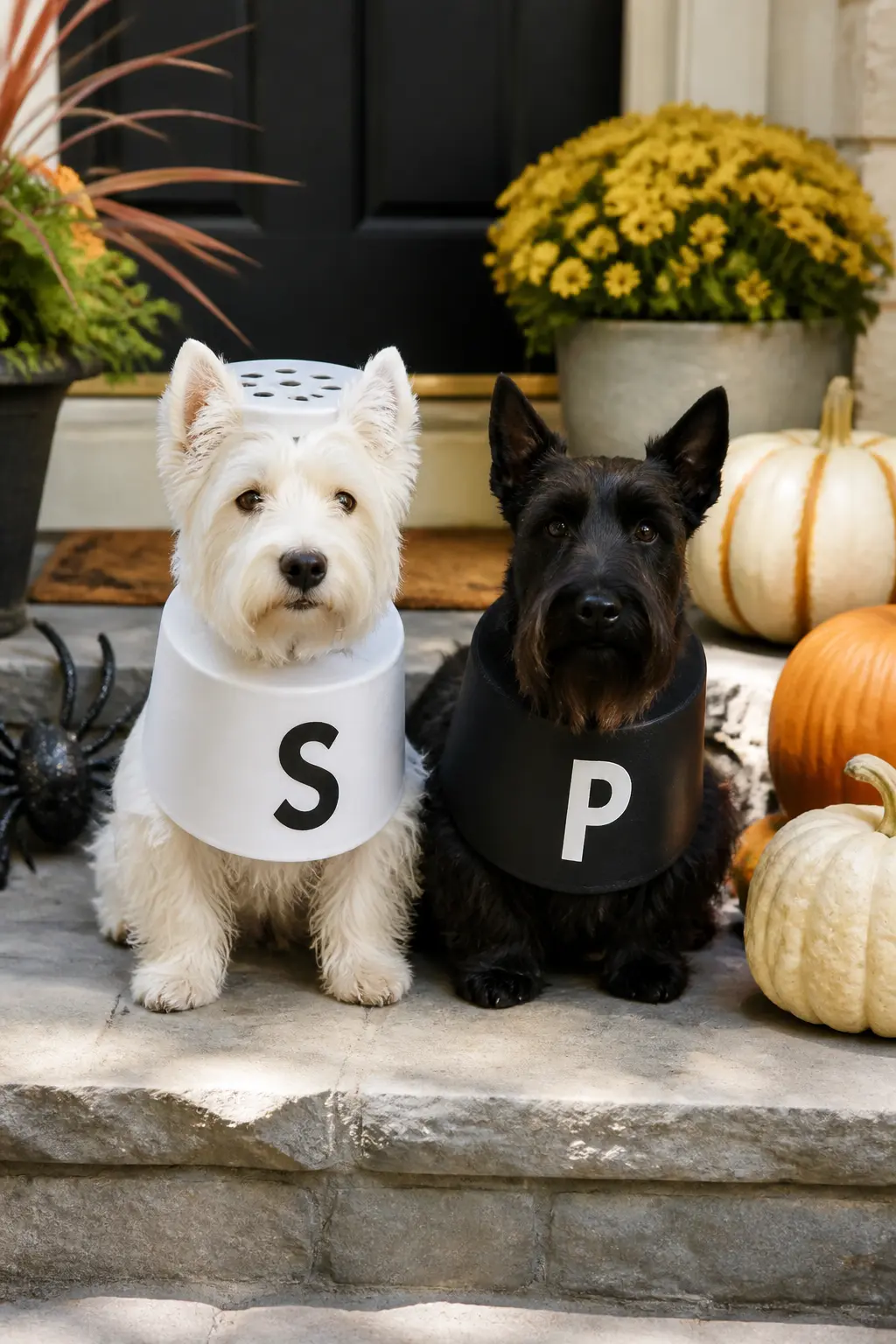 Salt and Pepper Shakers — Make two cylinder collars from thin cardboard: one white, one black. Diy dog halloween costumes