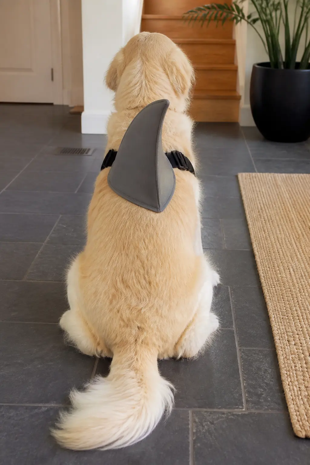 Shark Fin — One stiff grey foam triangle, about six inches tall, with a flat base that velcros to the widest back strap of the harness. Diy dog halloween