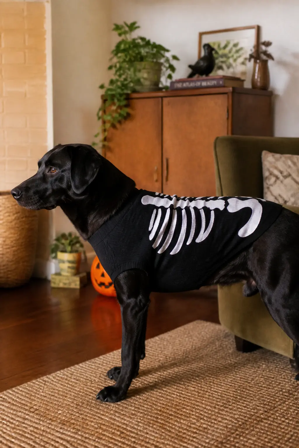 Skeleton Jacket — Buy a plain black dog sweater one size up, then use white fabric paint and a flat brush to paint a simplified ribcage and spine directly onto