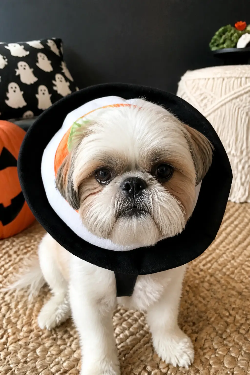 Sushi Roll Collar — Cover the outside of a soft cone with black felt, then wrap a band of white felt around the lower rim. Diy dog halloween costumes