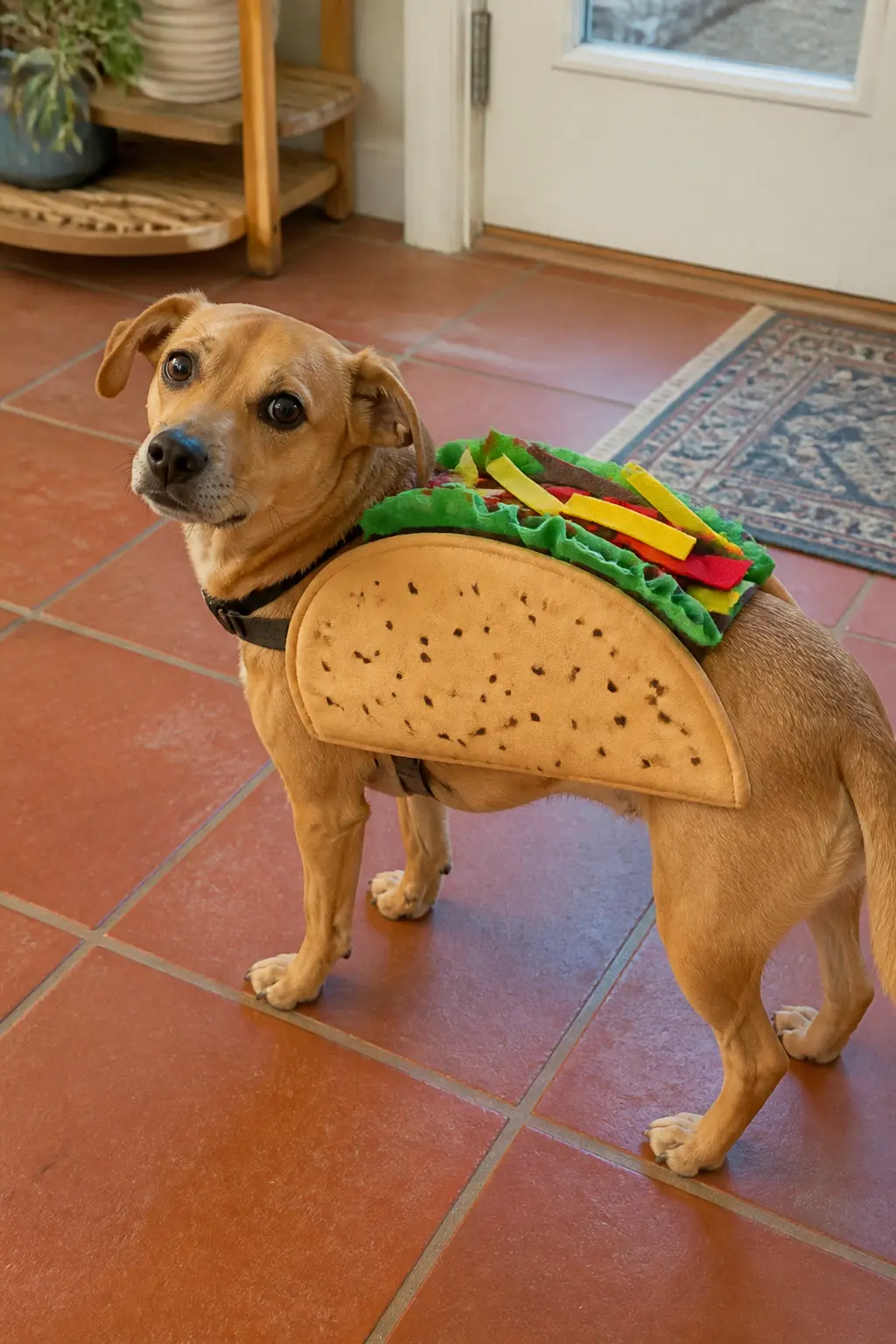Taco — Cut a half-circle from tan felt and fold it gently in half: that is the tortilla shell. Diy dog halloween costumes