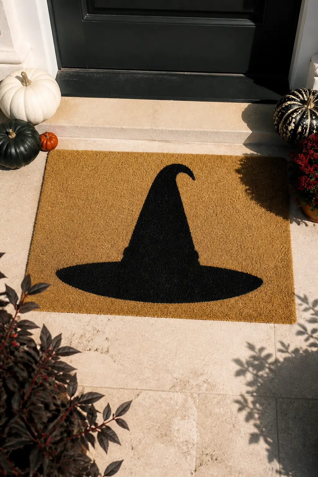 Centered Witch Hat in Silhouette — A single large witch hat silhouette painted in matte black, centered on the natural coir ground. Diy halloween doormat