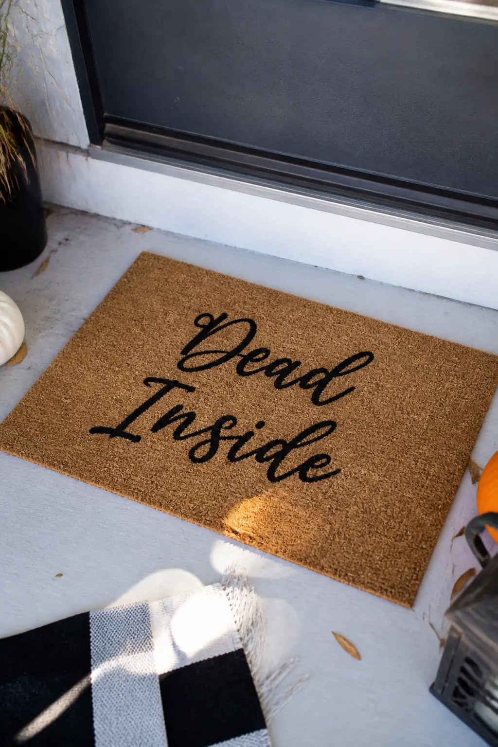 "Dead Inside" in Elegant Script, Black on Natural — The phrase DEAD INSIDE painted in a loose, tall script across the center of the mat, all in matte black.