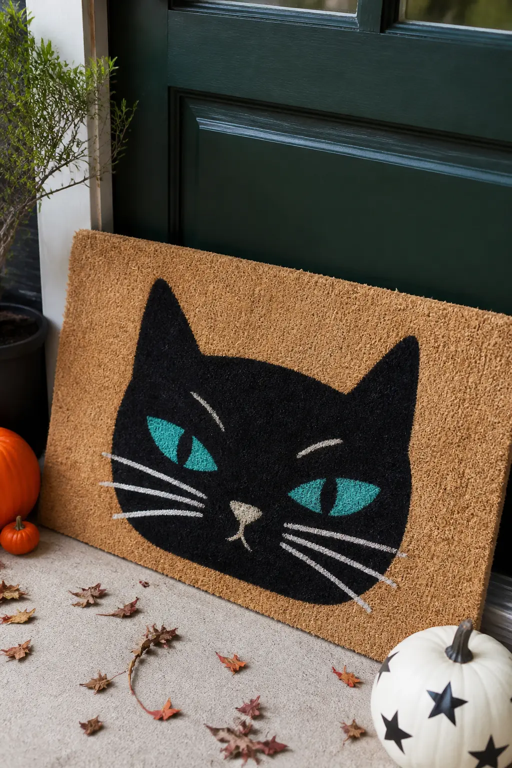 Friendly Cat Face, Full Mat Width — A cat face painted in solid black, centered on the mat, large enough that the ears nearly touch the top edge and the chin