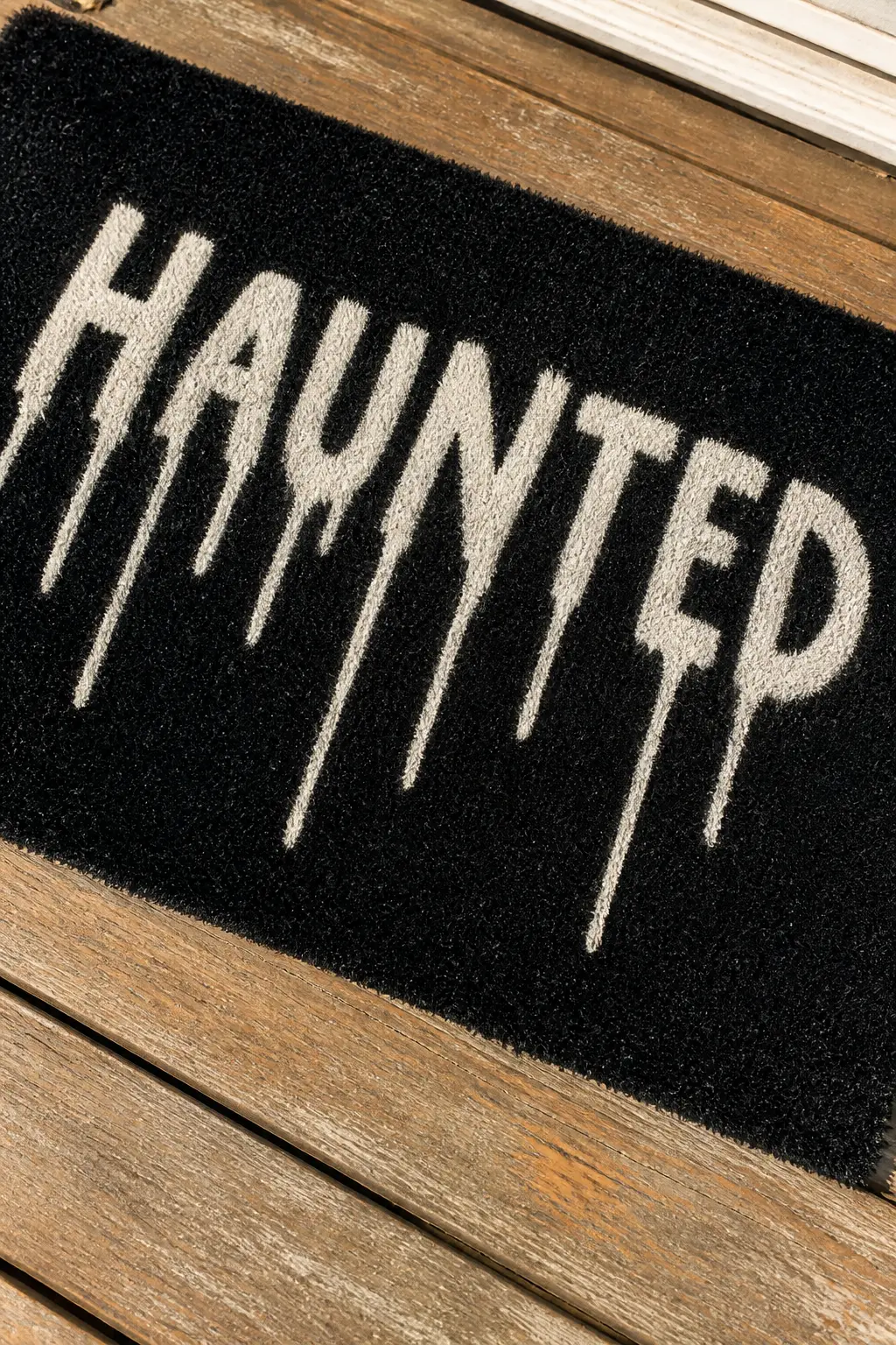 Midnight Black Ground with White Dripping Letters — The entire mat painted solid black first, two full coats of outdoor acrylic allowed to cure for at least