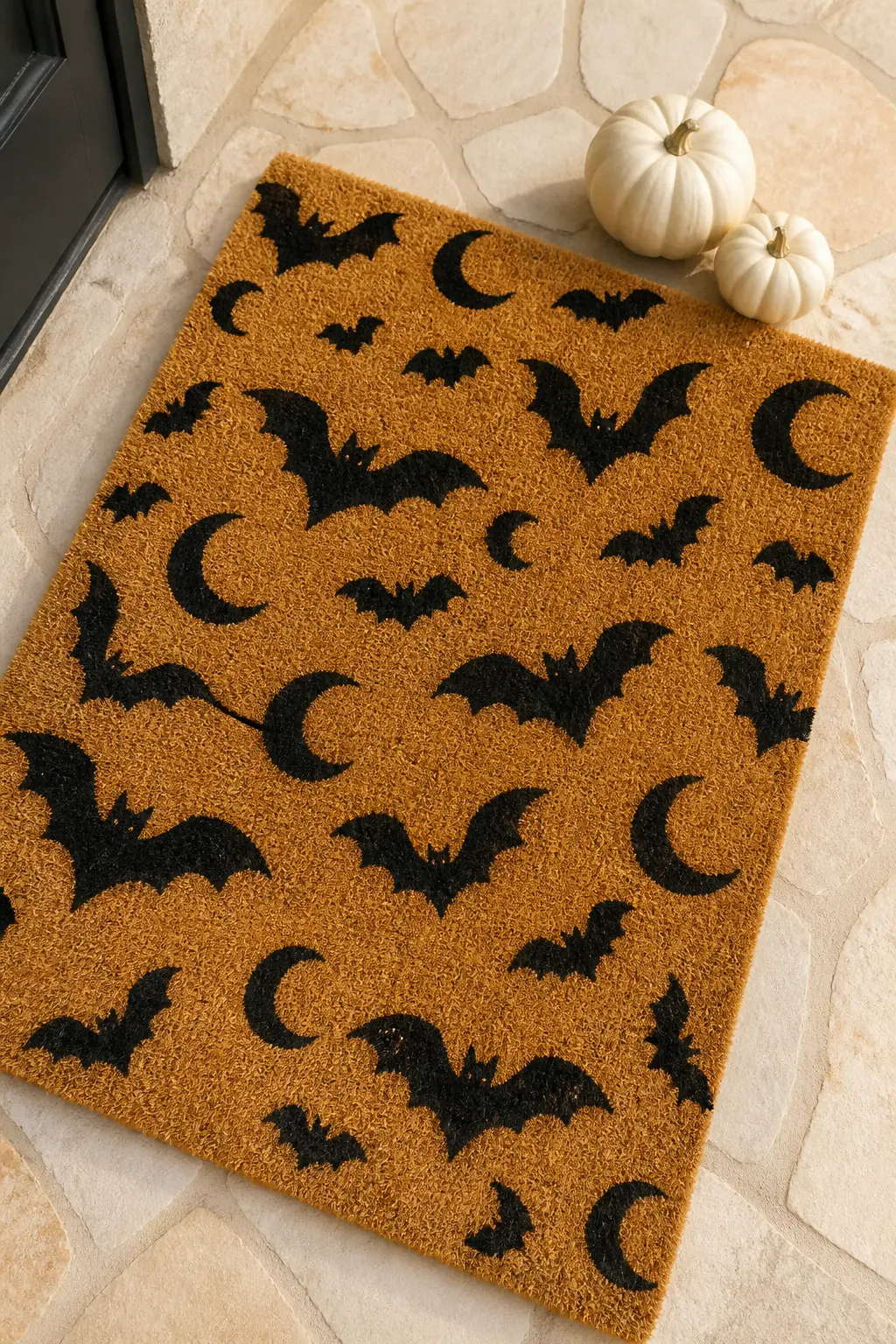 Scattered Bats and Crescent Moons — Twelve to fifteen bat silhouettes in matte black, varied slightly in wingspan, scattered across the mat at different