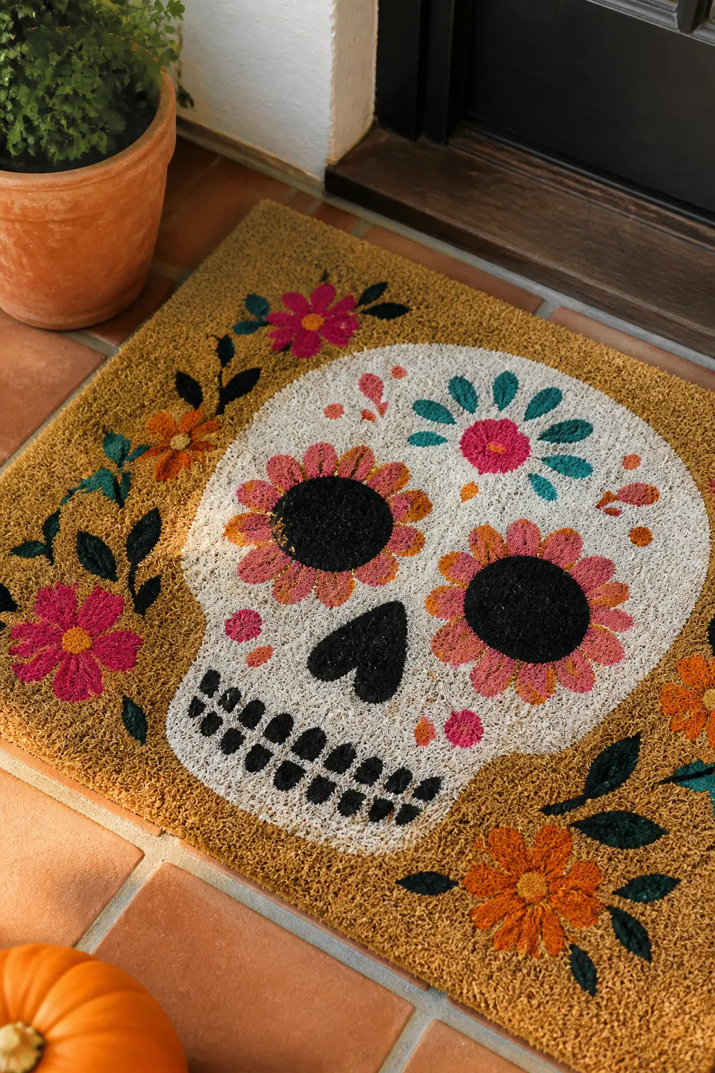 Single Large Skull, Dia de los Muertos Style Florals — A skull outline in white, centered on the natural coir ground and sized to fill most of the mat. Diy