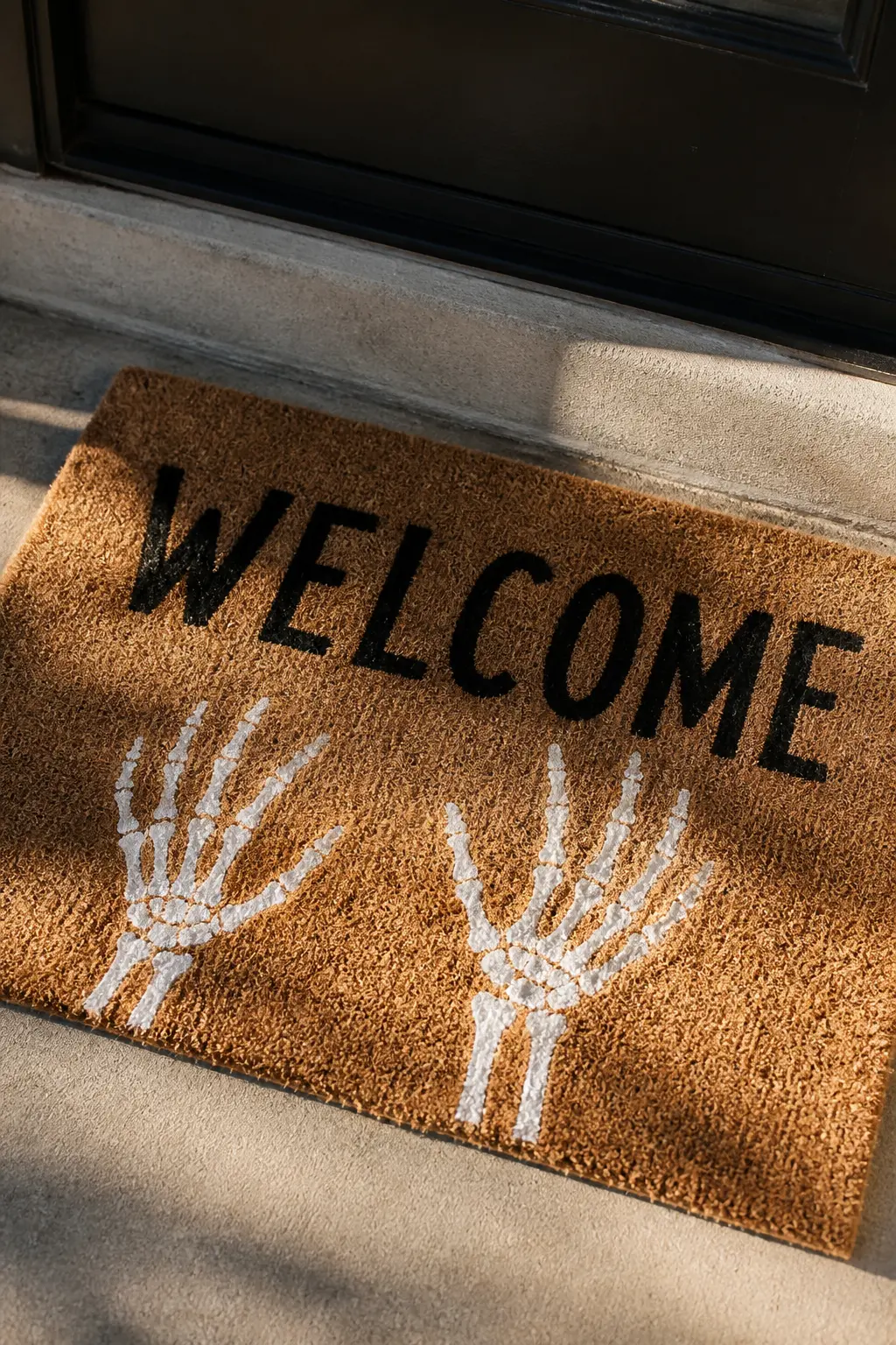 Skeleton Hands Reaching Up from the Bottom Edge — Two bony white hands, painted rising from the bottom edge of the mat as though clawing up from below, with