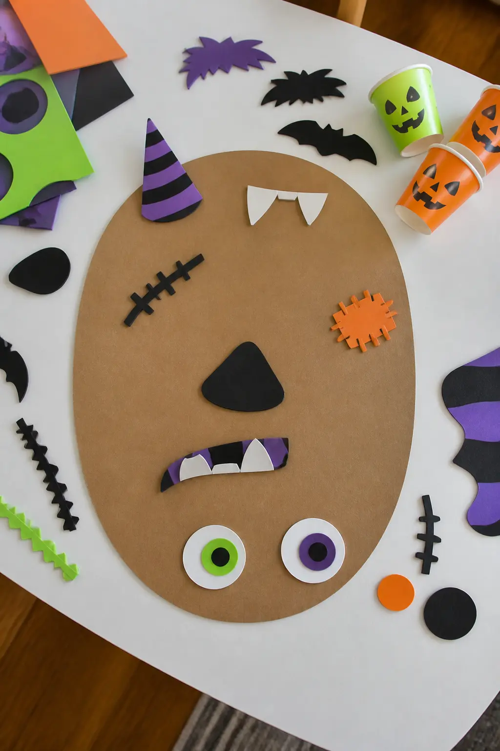 Blind Monster Face Build — Cut oversize monster features from coloured foam: fangs, eyes, horns, eyebrows and nostrils in purple, green and orange. Diy