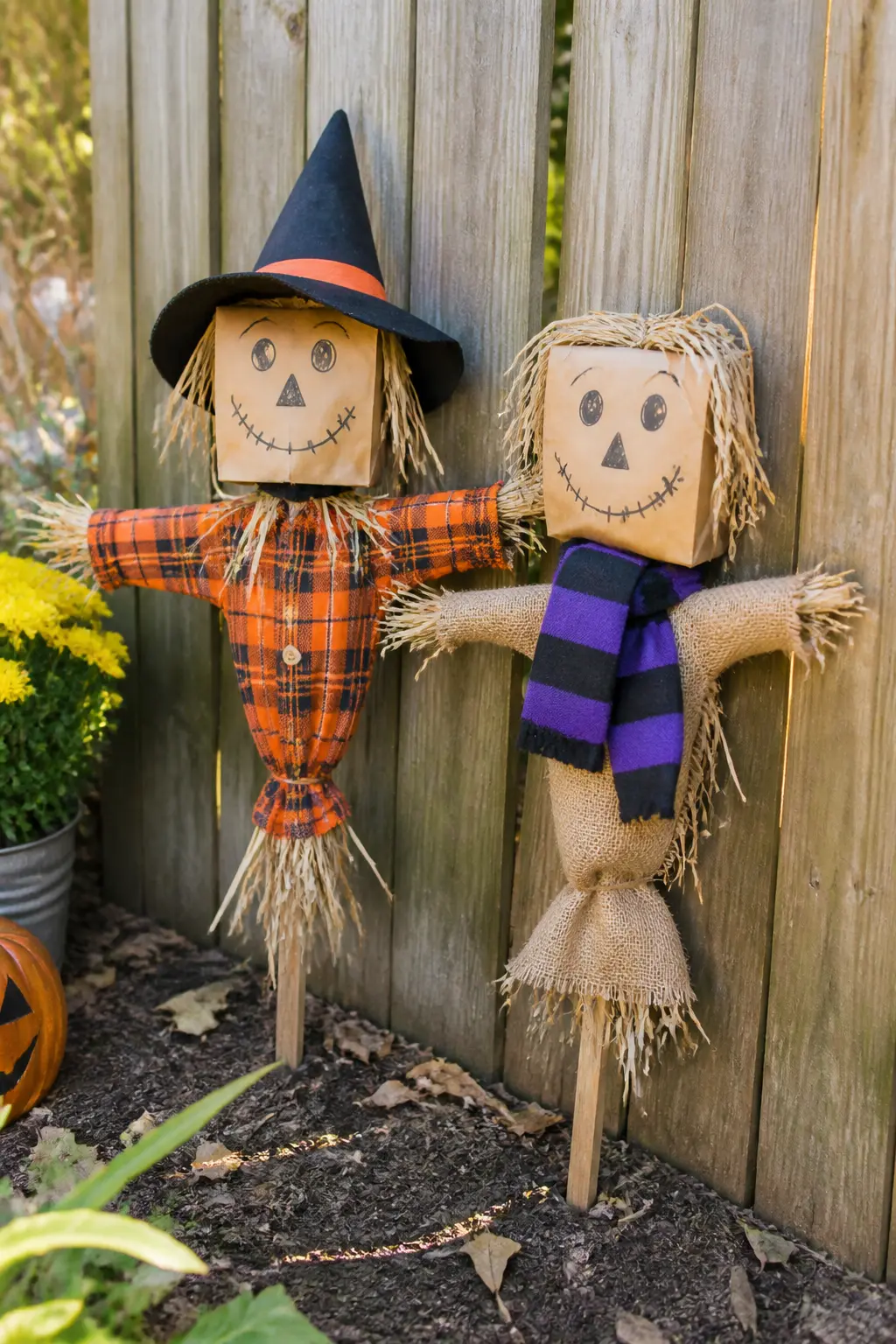 Build a Scarecrow — Set out two identical piles of supplies at opposite ends of a table: a stuffed paper bag head, a stick body frame, old shirts and trousers