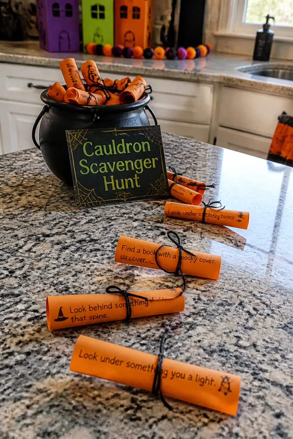 Cauldron Scavenger Hunt — Print clue cards on orange paper, cut them into scroll shapes and tie each with black twine. Diy halloween games for kids