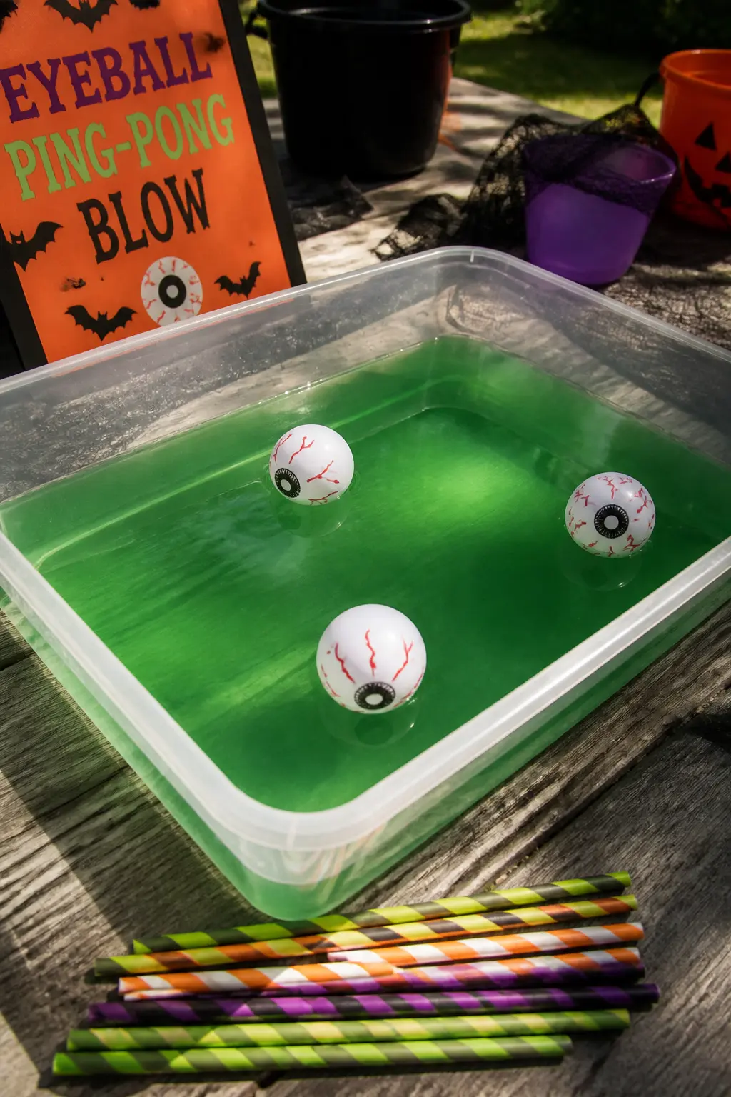 Eyeball Ping-Pong Blow — Fill a large flat tray with about two centimetres of water tinted green with food colouring. Diy halloween games for kids