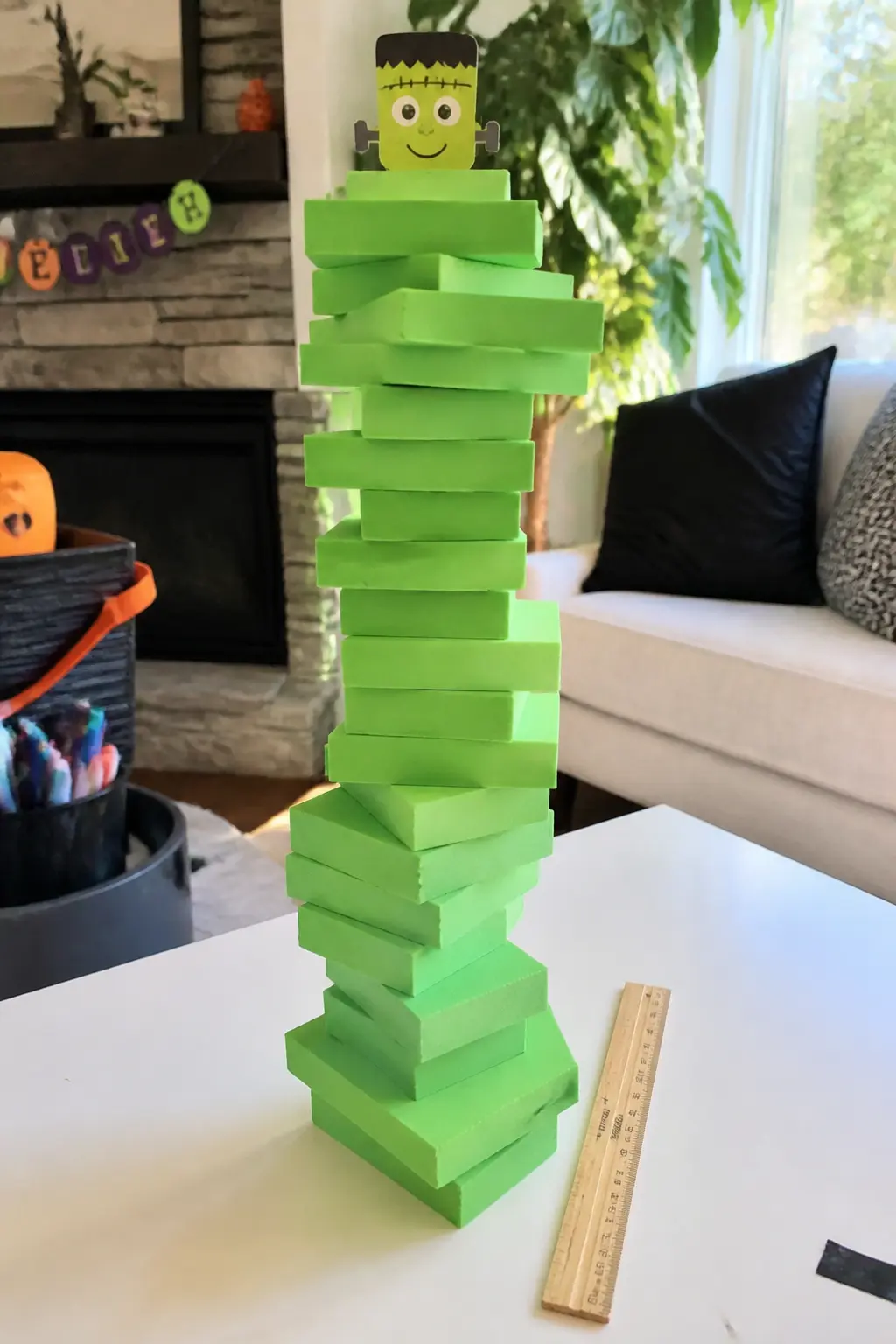 Frankenstein Tower — Cut sets of rectangular green foam blocks in three sizes and give each player one set. Diy halloween games for kids