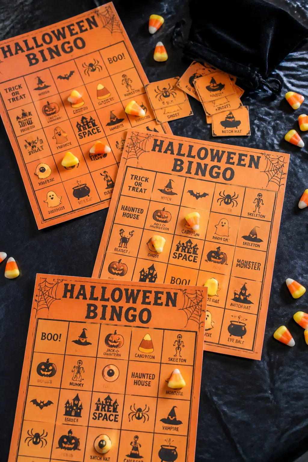 Halloween Bingo — Print or hand-draw 5x5 bingo cards on orange card stock, filling each square with a Halloween image: cat, bat, spider, cauldron, ghost. Diy