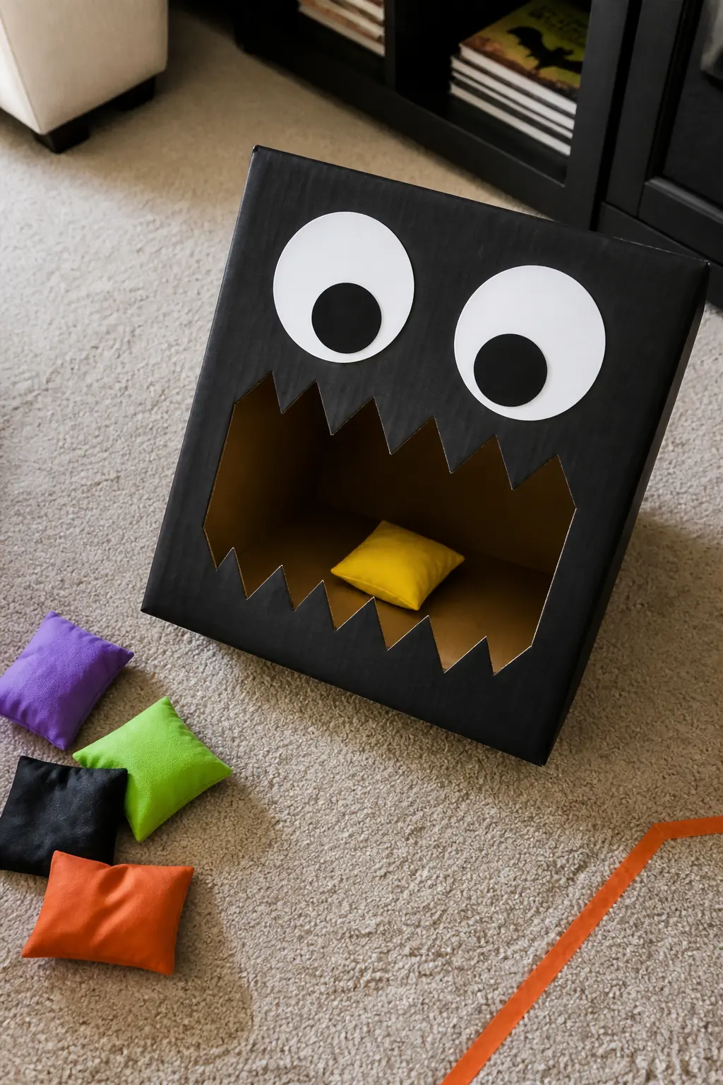 Monster Mouth Bean Bag Toss — Cut a jagged monster mouth from the centre of a large cardboard box, line the inside of the mouth with black plastic sheeting