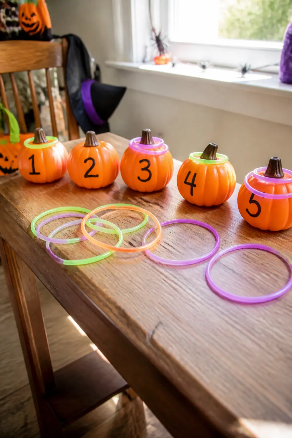 Pumpkin Ring Toss — Stand five small plastic pumpkins in a row on a low table, each one labelled with a point value from one to five. Diy halloween games for