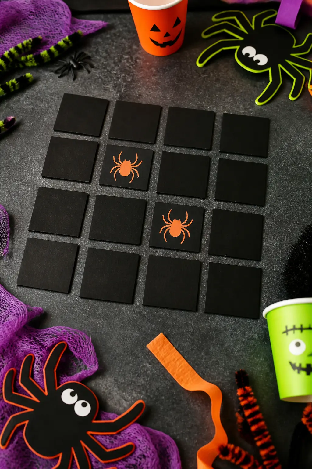 Spooky Memory Card Match — Cut twenty pairs of cards from black card stock and stamp or draw a matching Halloween image on each pair: cauldron, owl, spider