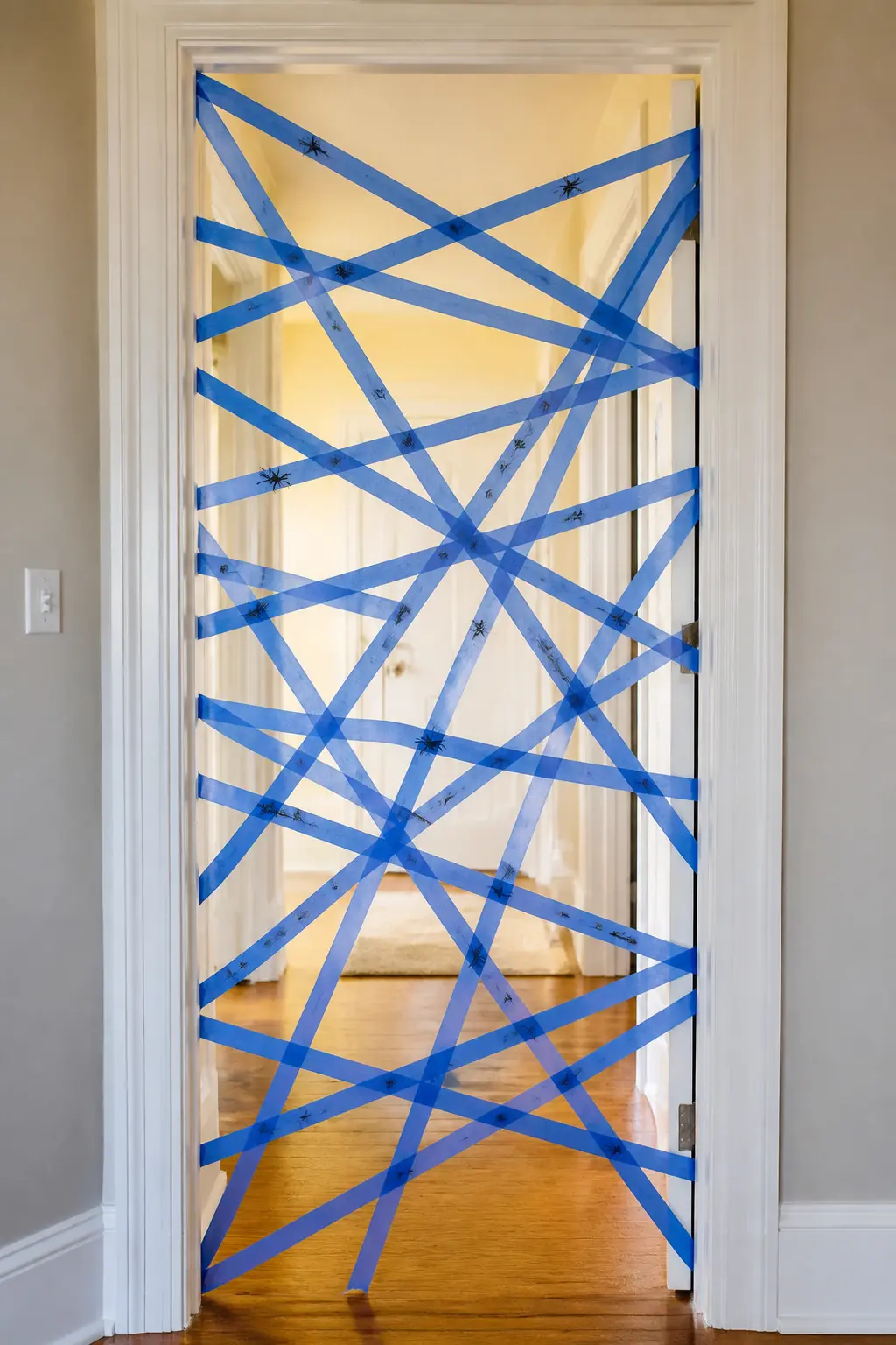 Tape Spider Web Crawl — Stretch strips of blue painter's tape across a doorway or hallway in overlapping diagonals to fill the whole opening, leaving enough