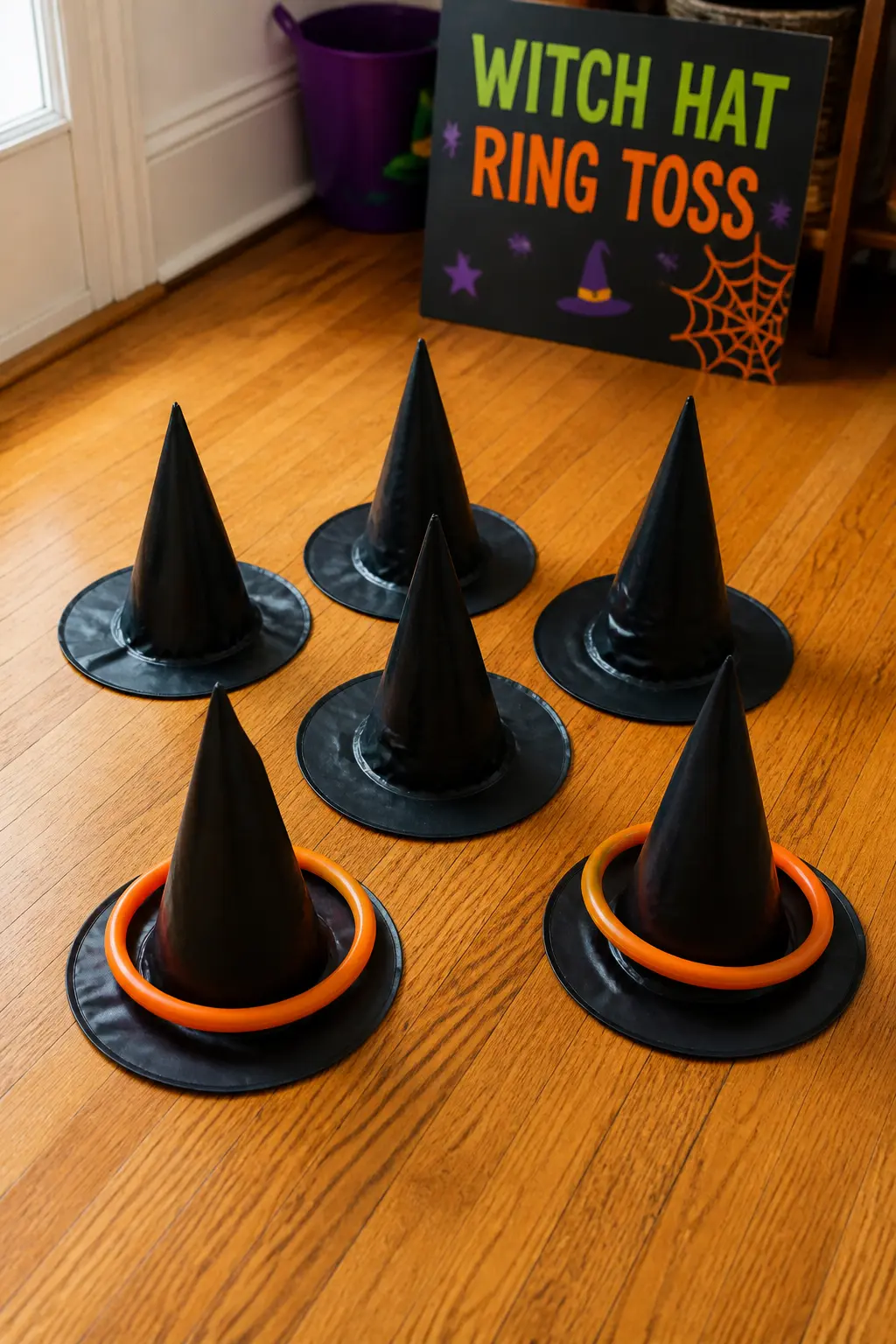 Witch Hat Ring Toss — Arrange six plastic witch hats on the floor in a triangle, weighted with a little sand or rice inside each one so they stay upright. Diy