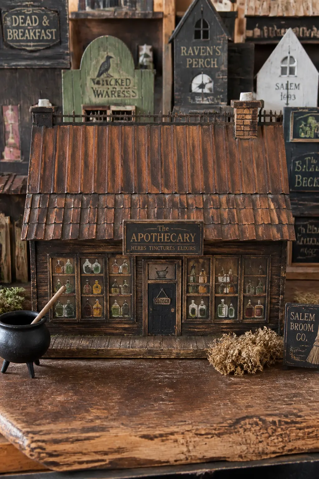 The Apothecary With the Copper Roof — A copper-toned roof is a single paint-mixing decision: brown plus gold plus a touch of green, dry-brushed over a darker