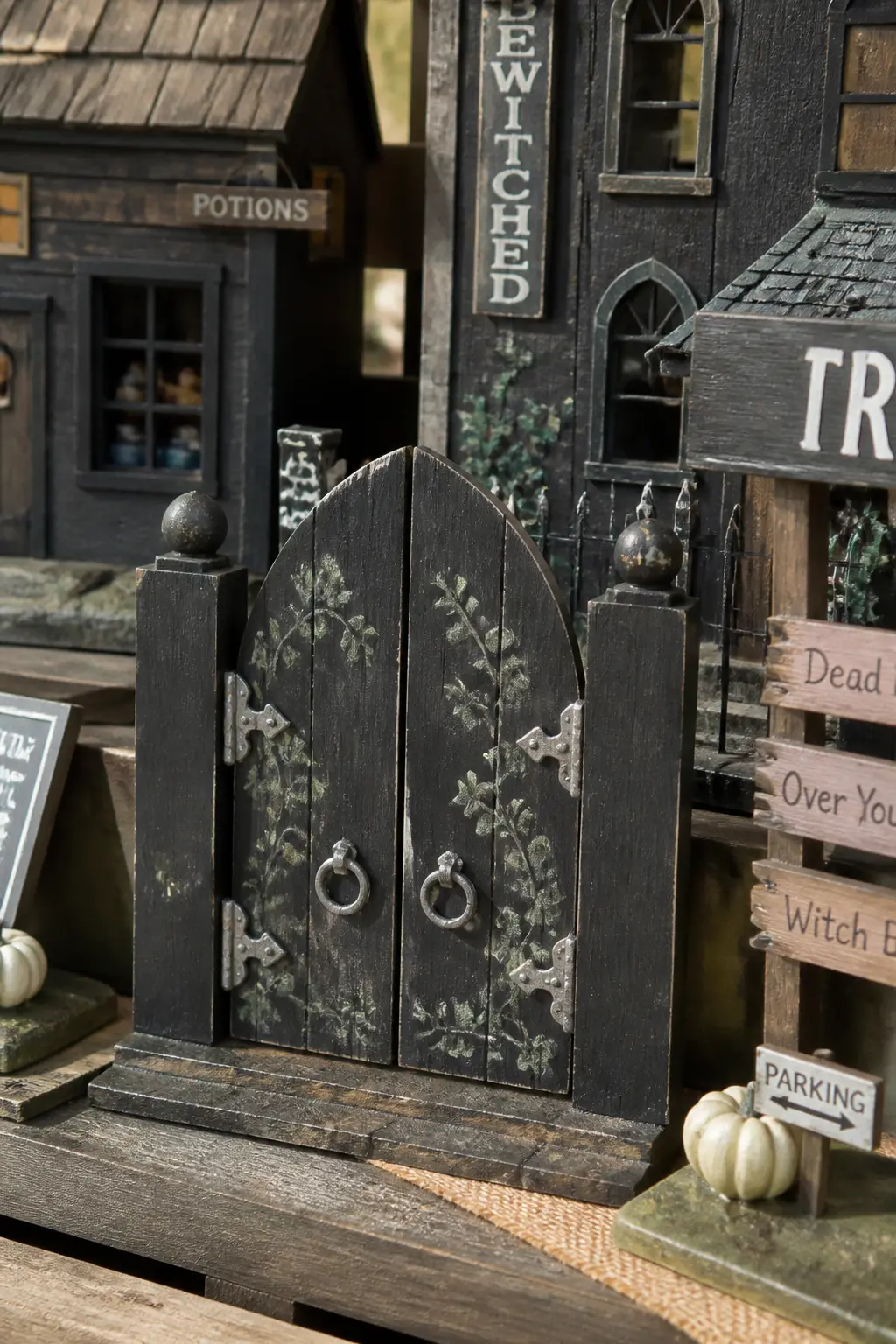 The Graveyard Gate — The gate is not a building: it is a flat facade with two posts and a crosspiece, painted black, suggesting an entrance to something that
