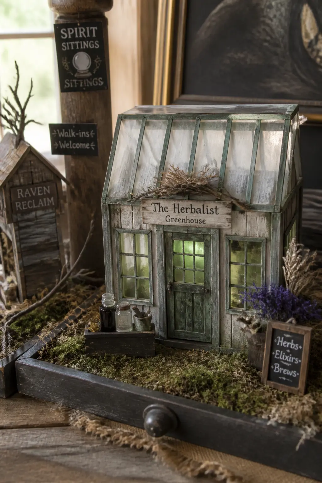 The Herbalist Greenhouse — A greenhouse in a Halloween village reads as sinister in the best way: what, exactly, is growing in there. Diy halloween village
