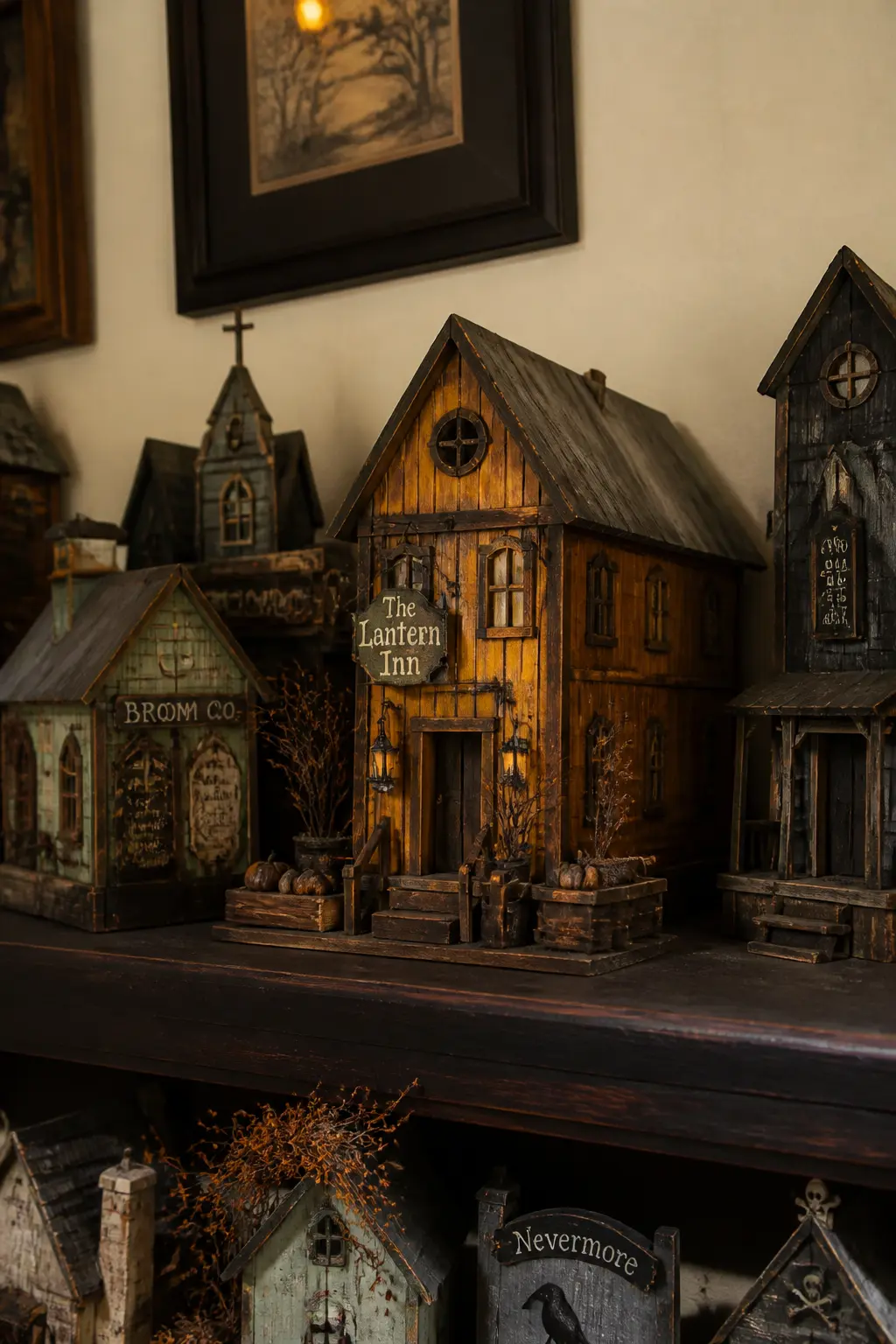 The Lantern Inn — Warm ochre paint is the first decision here, and it carries almost all the work. Diy halloween village houses