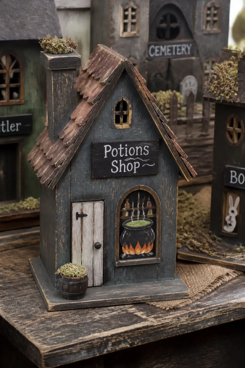 The Potions Shop — This is the tallest of the three witch district shops. Diy halloween village houses