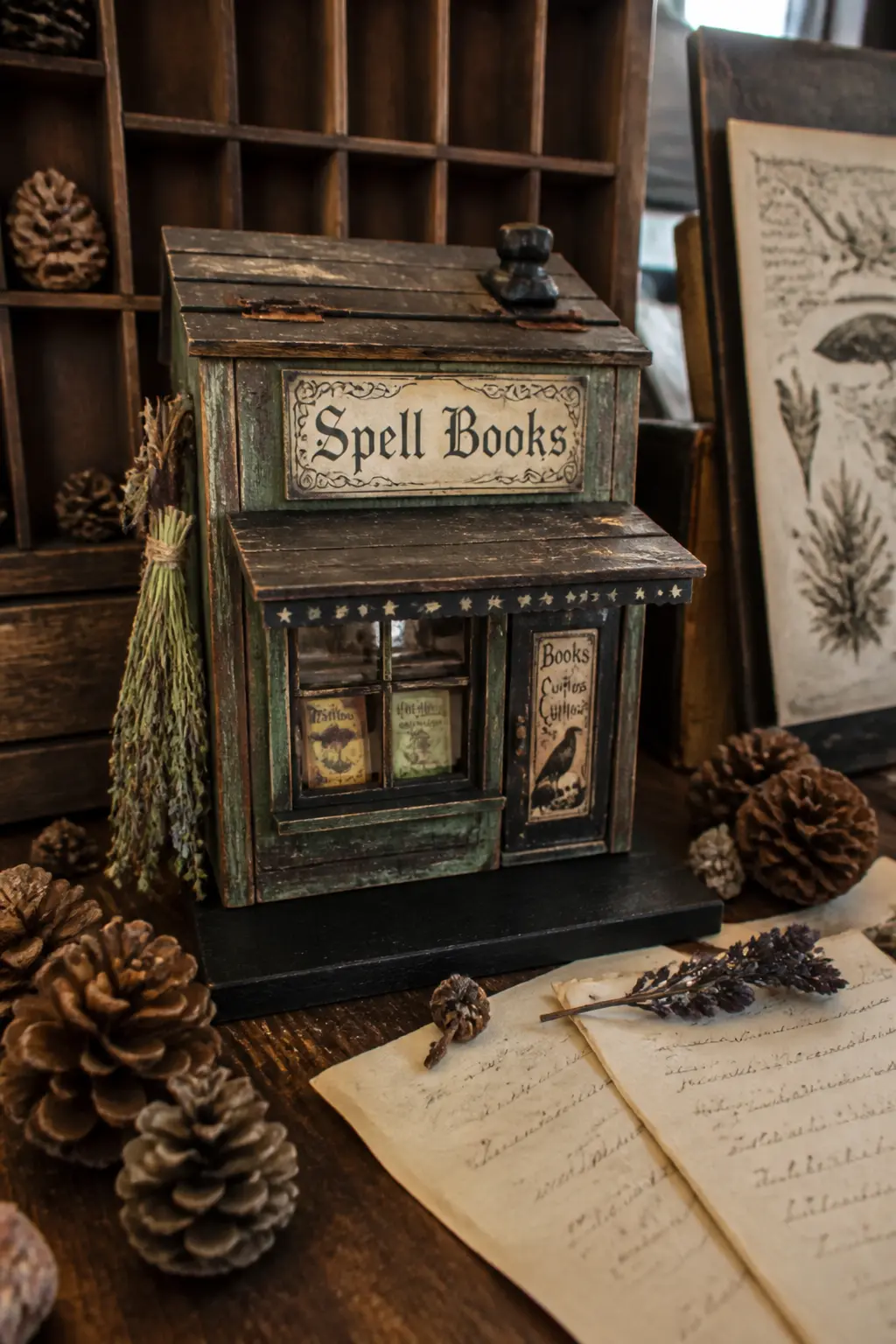 The Spell Books Shop — Cut a rectangle of craft board roughly 10 cm wide and 14 cm tall, then glue a smaller triangular offcut on top as a pitched roof. Diy