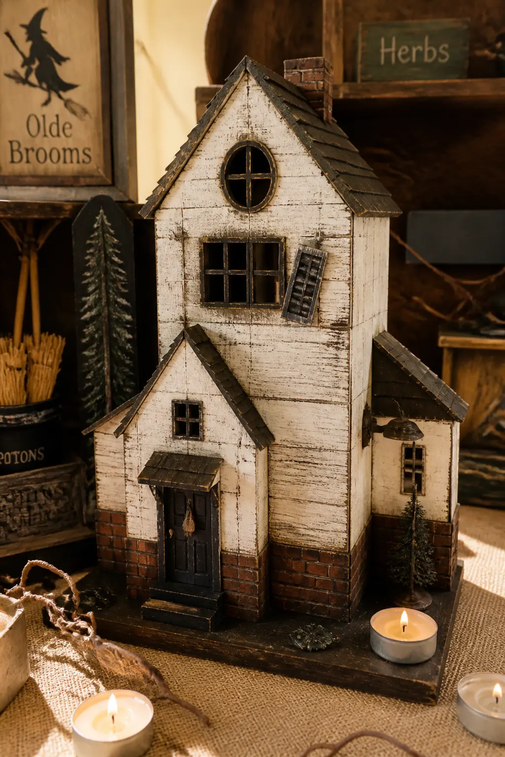 The White Haunted House — White is the unexpected choice for a haunted house, and it works because the distressing does all the spooky lifting. Diy halloween