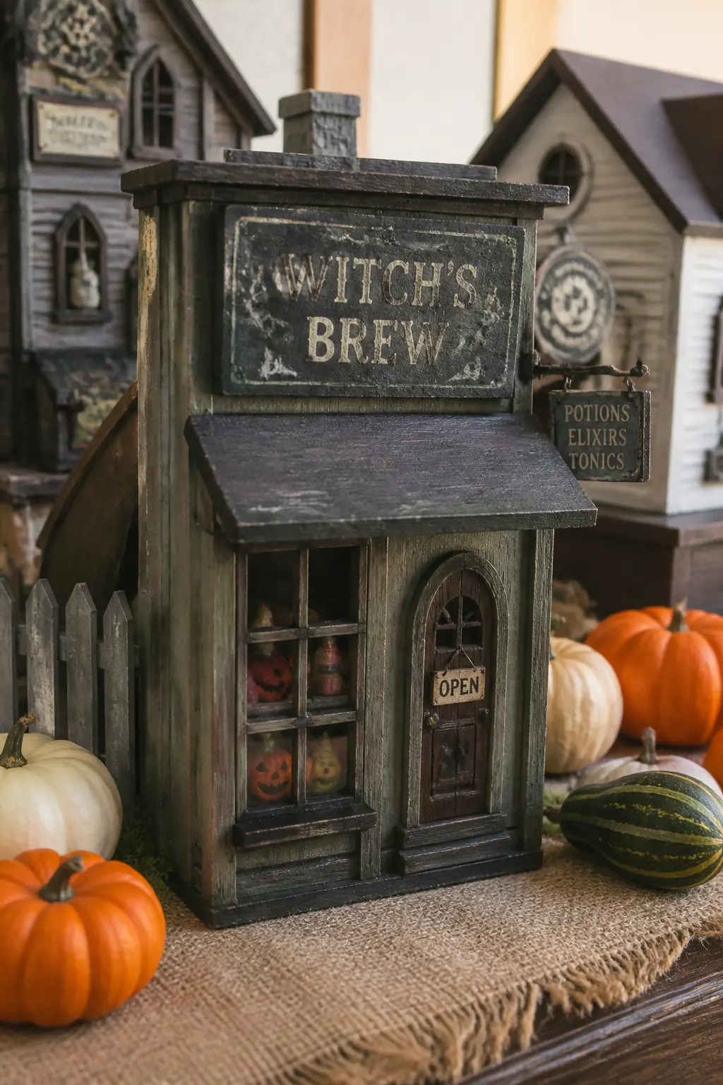 The Witch's Brew Tavern Shop — Moss green is the colour that makes this one identifiable from across the shelf. Diy halloween village houses