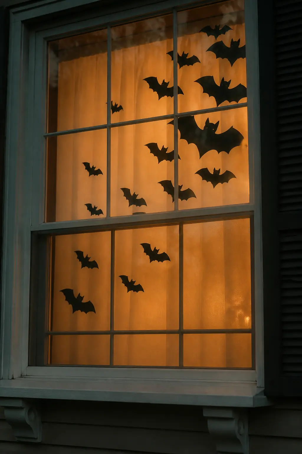 Bat Scatter Across the Panes — Cut twelve to sixteen bats in two sizes from black card and stick them directly to the glass with removable window cling