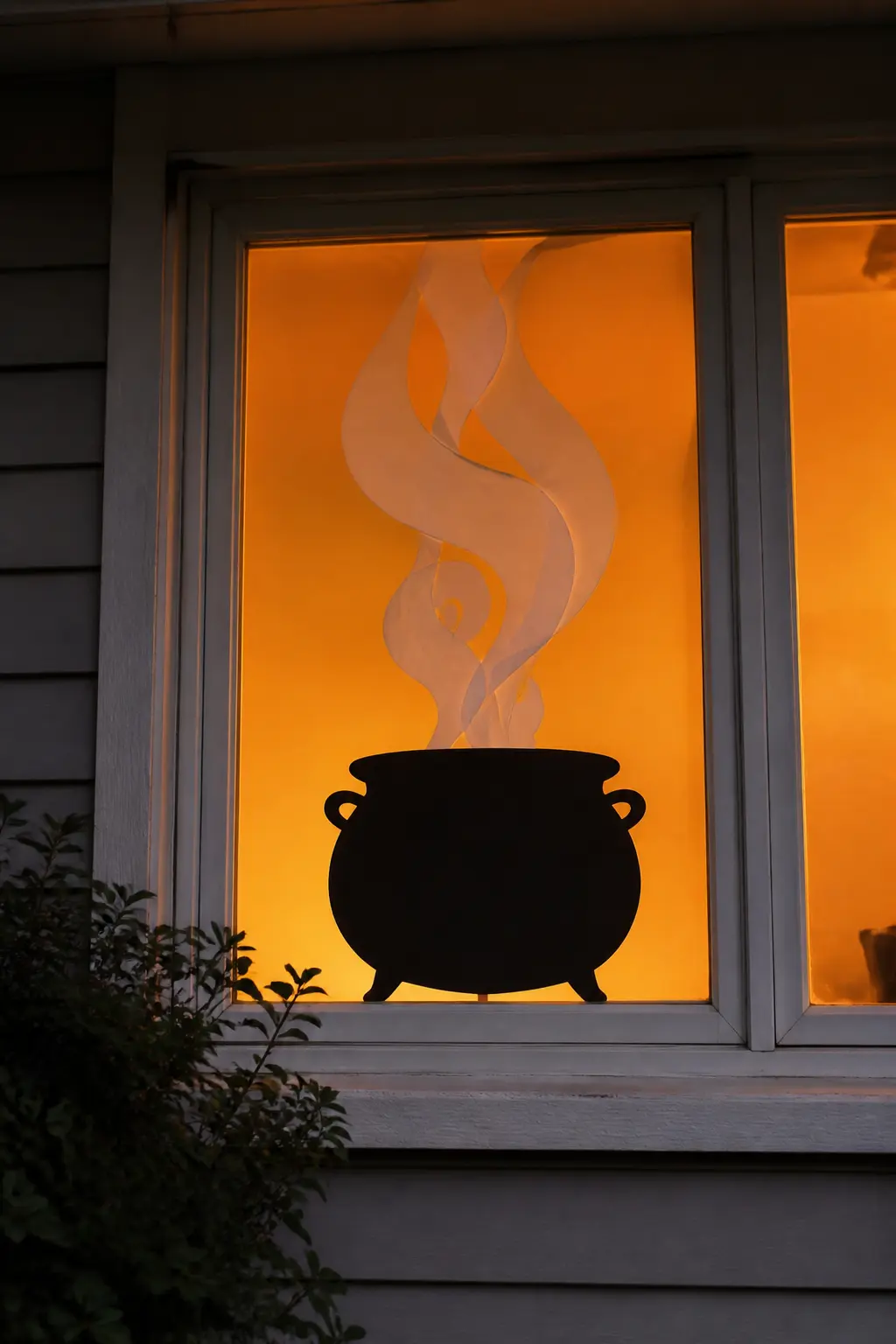 Cauldron Scene with Rising Smoke — Cut a wide cauldron shape and position it at the sill. Diy halloween window silhouettes