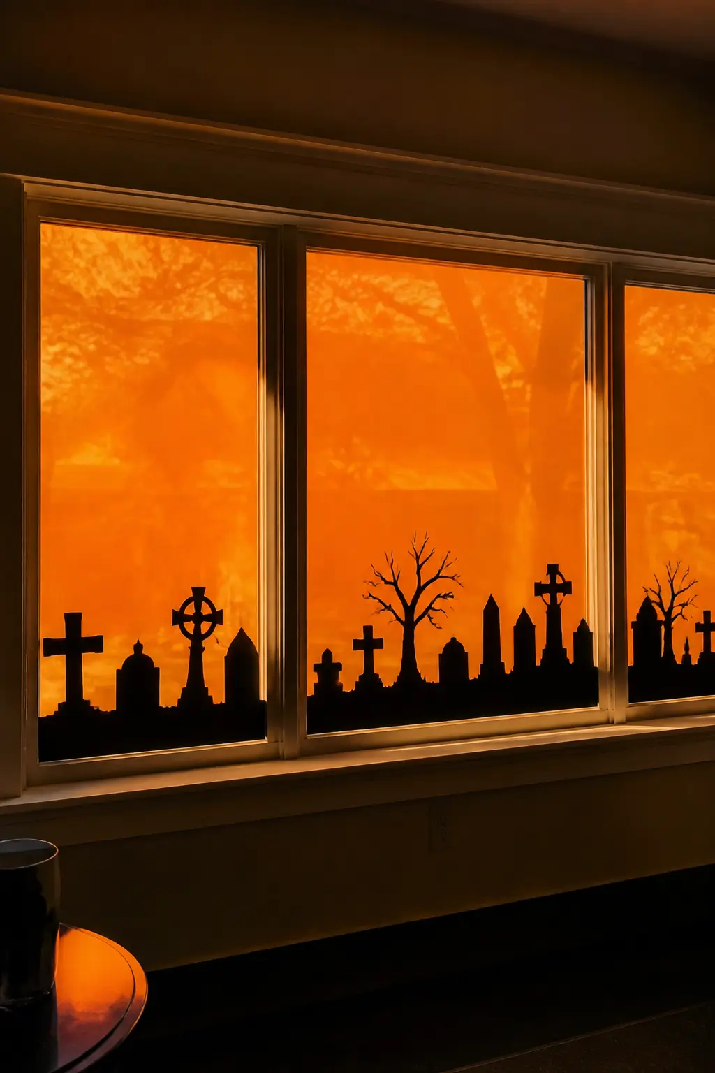 Cemetery Horizon Strip — Cut a single long strip of black cardstock as tall as about a quarter of the window and as wide as the full pane. Diy halloween window