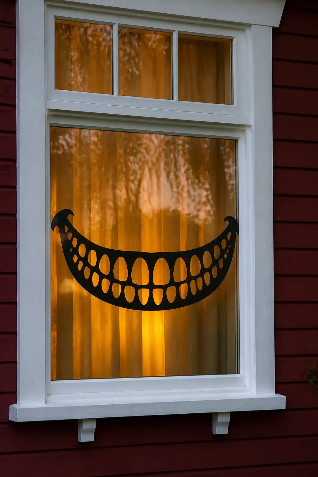 Cheshire Grin Across the Pane — One enormous grinning mouth, cut from black card, spanning the full width of the window. Diy halloween window silhouettes
