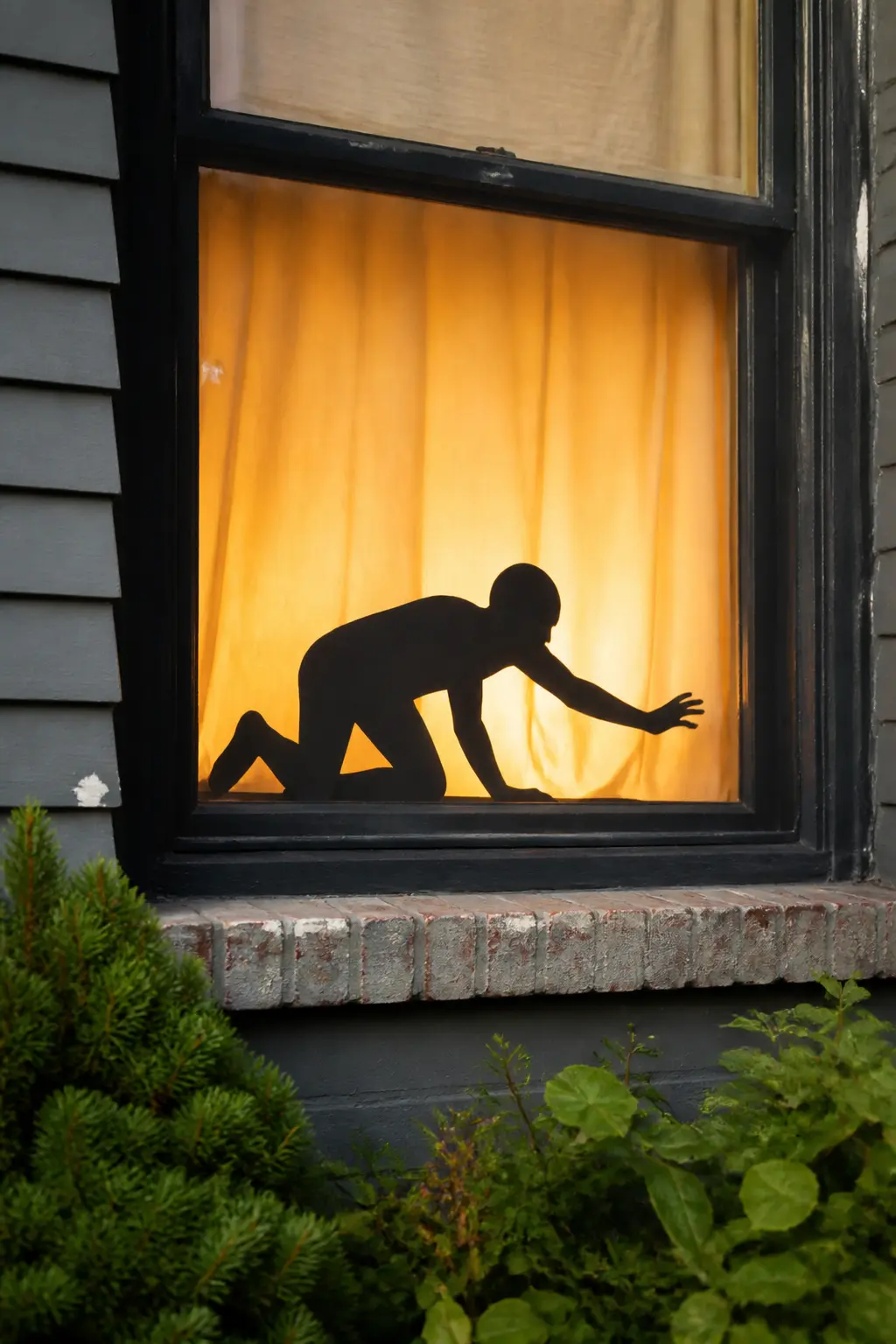 Crawling Figure from the Corner — A figure on all fours, silhouetted, crawling from the lower corner toward the centre of the window. Diy halloween window