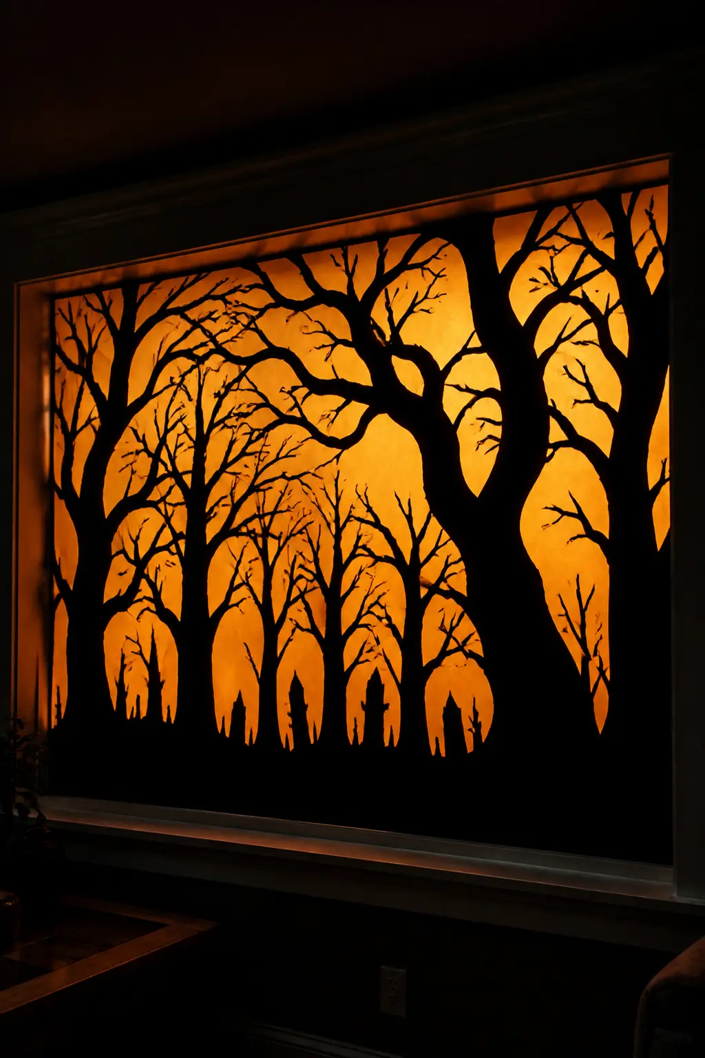 Dead Forest Panorama — Cover the entire window with a single large sheet of black card or joined strips, then cut away everything that is sky: the irregular