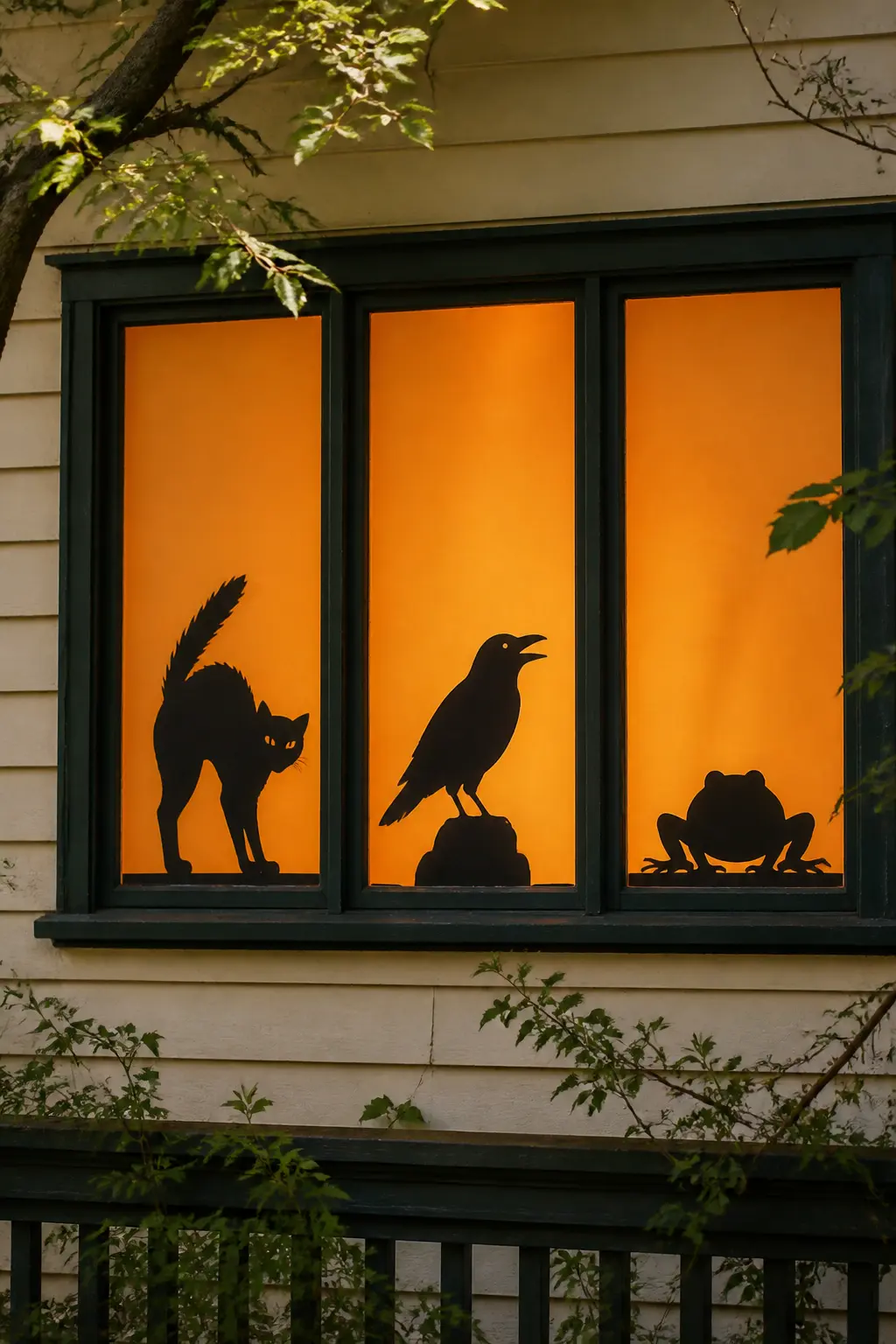 Familiar Silhouettes: Cat, Crow, Toad — Three small animals, each on its own square of glass, each in a different window pane in a multi-pane window. Diy