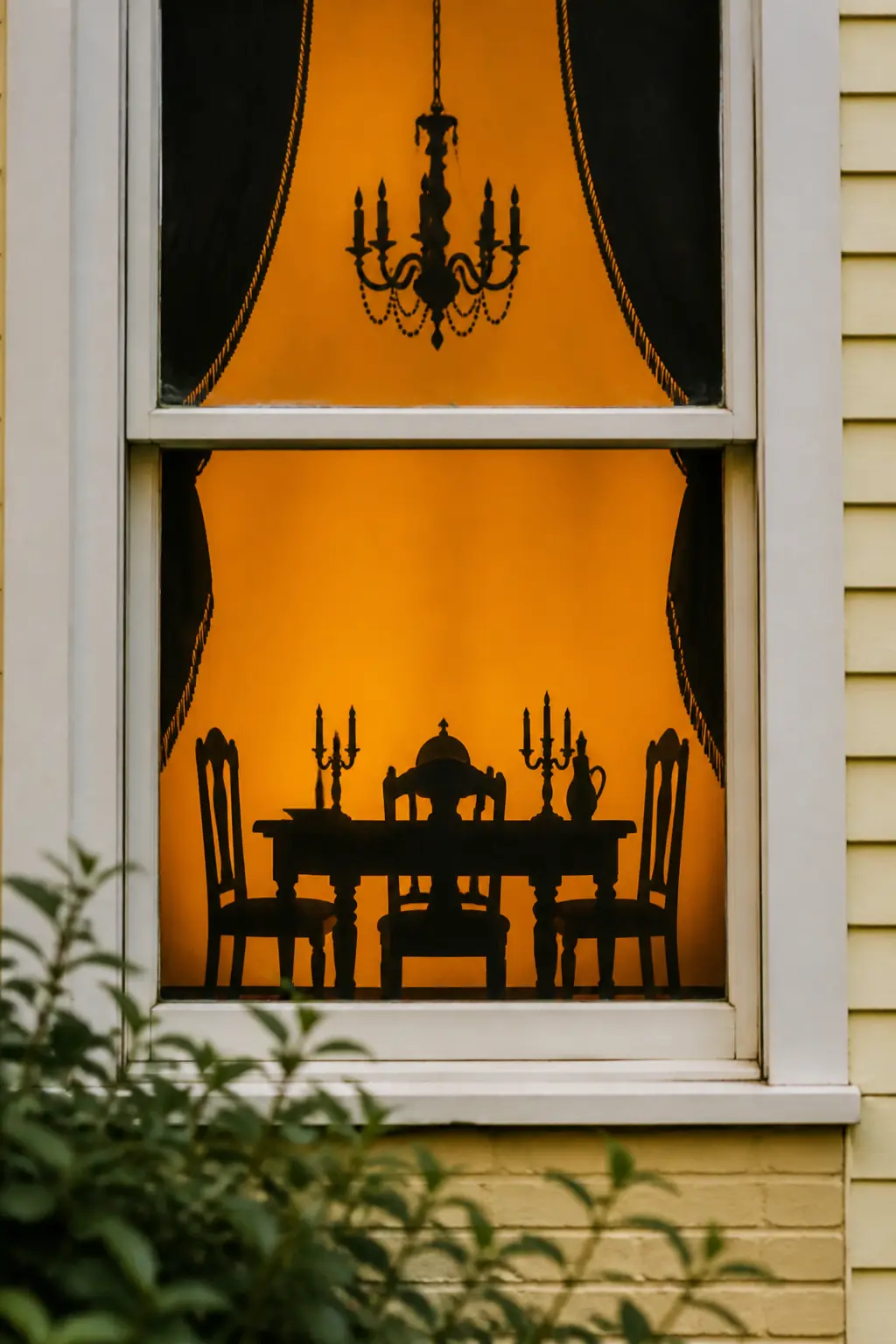 Ghost Table in the Parlour — Cut the silhouette of a long dining table in profile, with two chairs at each side. Diy halloween window silhouettes
