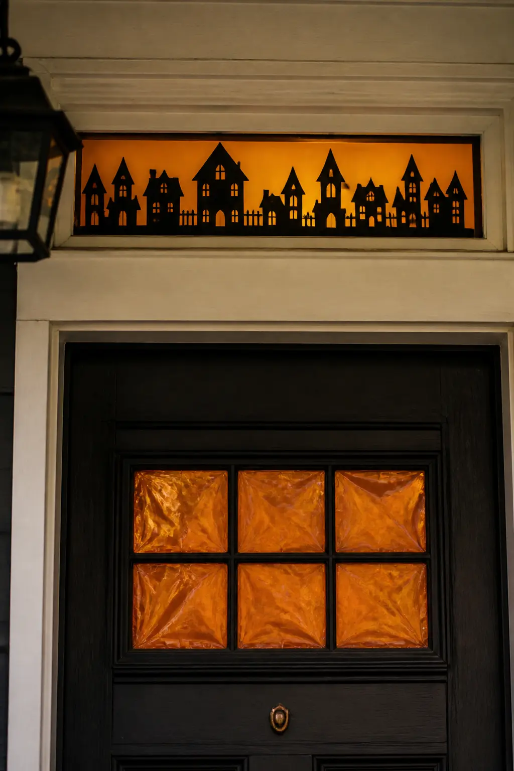 Haunted House Profile on a Transom — A transom window above a door is the perfect width for a full haunted house profile: peaked roof, attic window, widow's