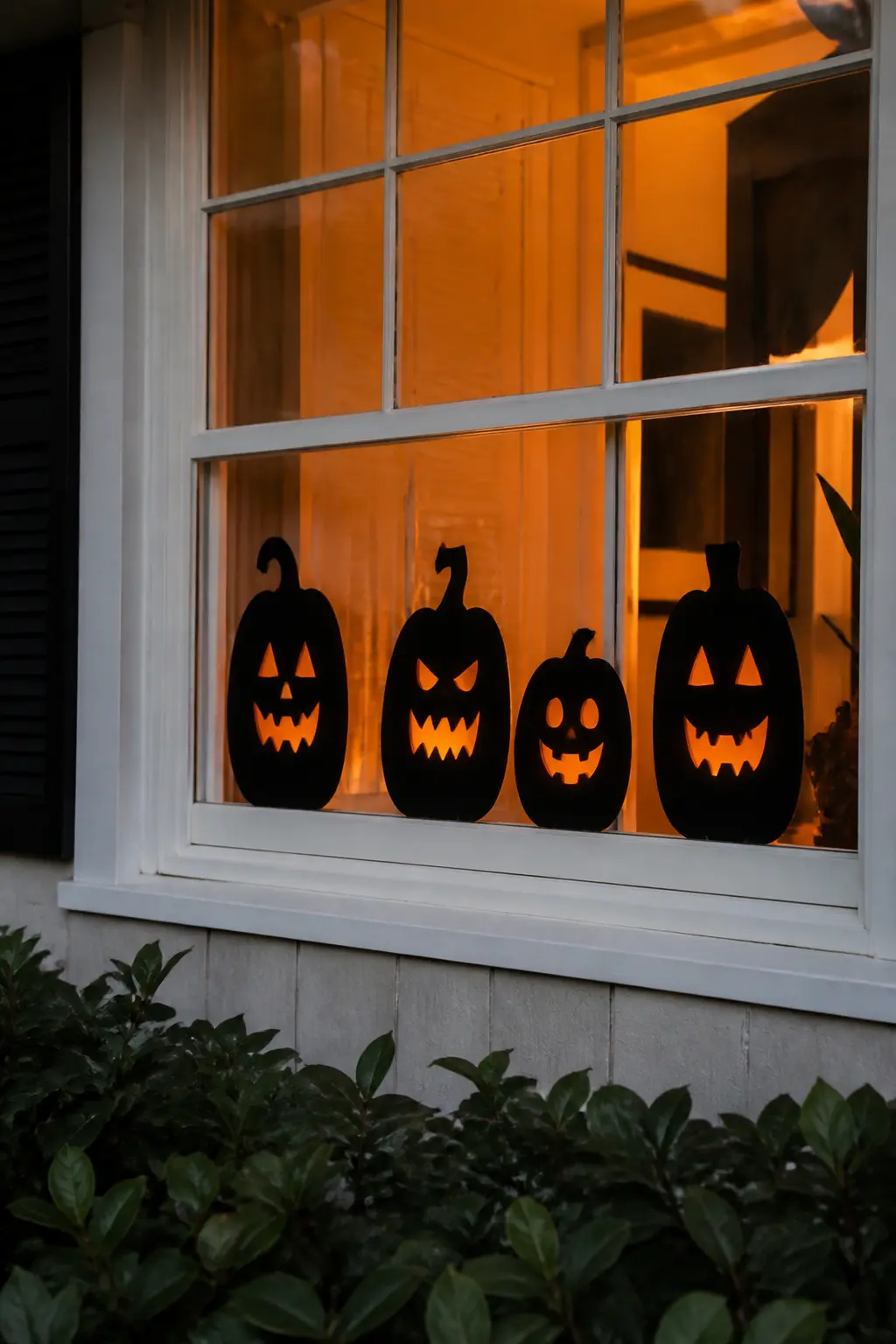 Jack-o'-Lantern Row at the Sill — Cut four pumpkin faces from black foam board, each one a different expression, and stand them in a line along the inside