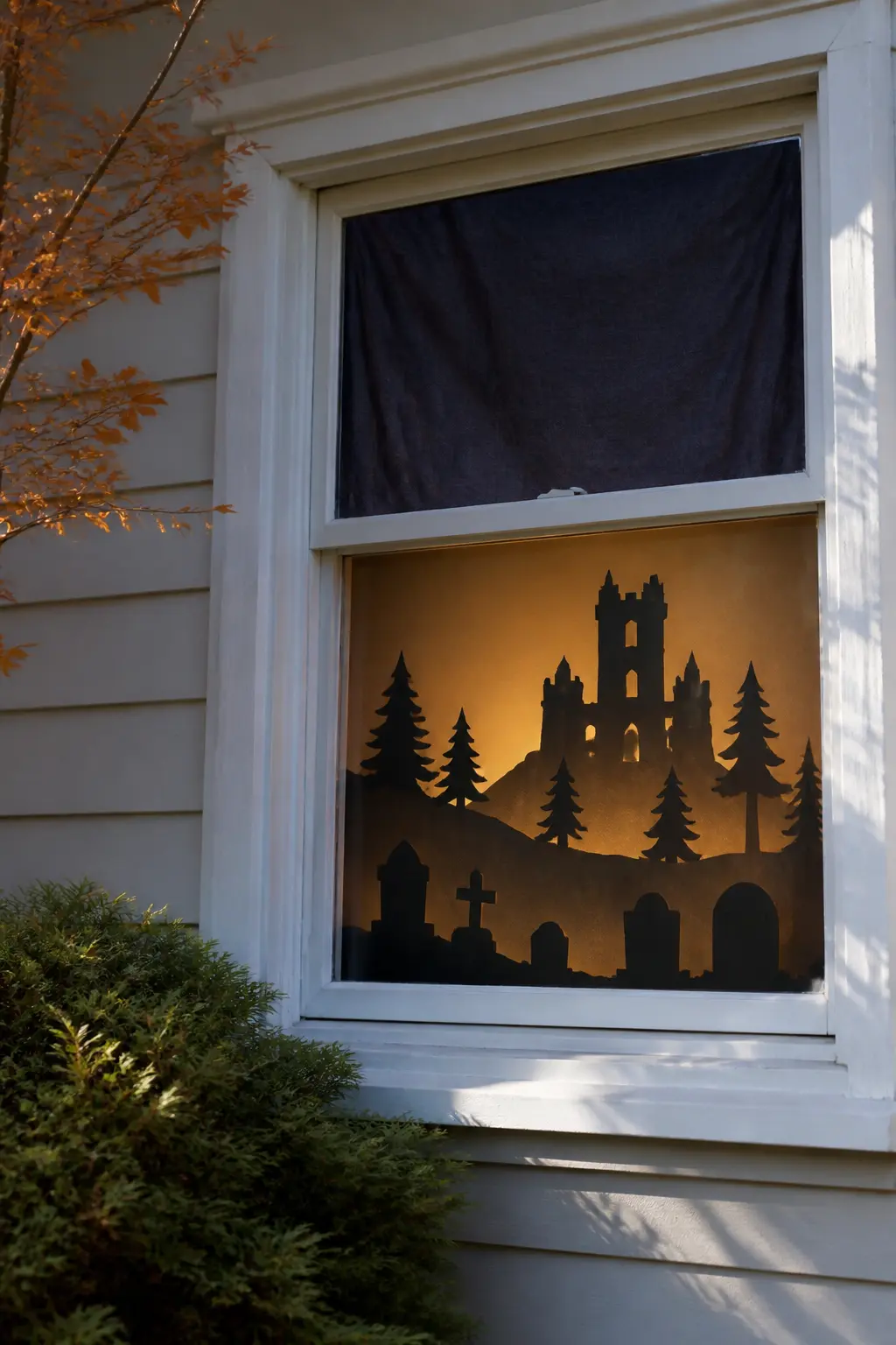 Layered Haunted Hill — Make three layers: a far hill with a ruined castle outline, a middle layer of pine trees, and a foreground of more headstones. Diy